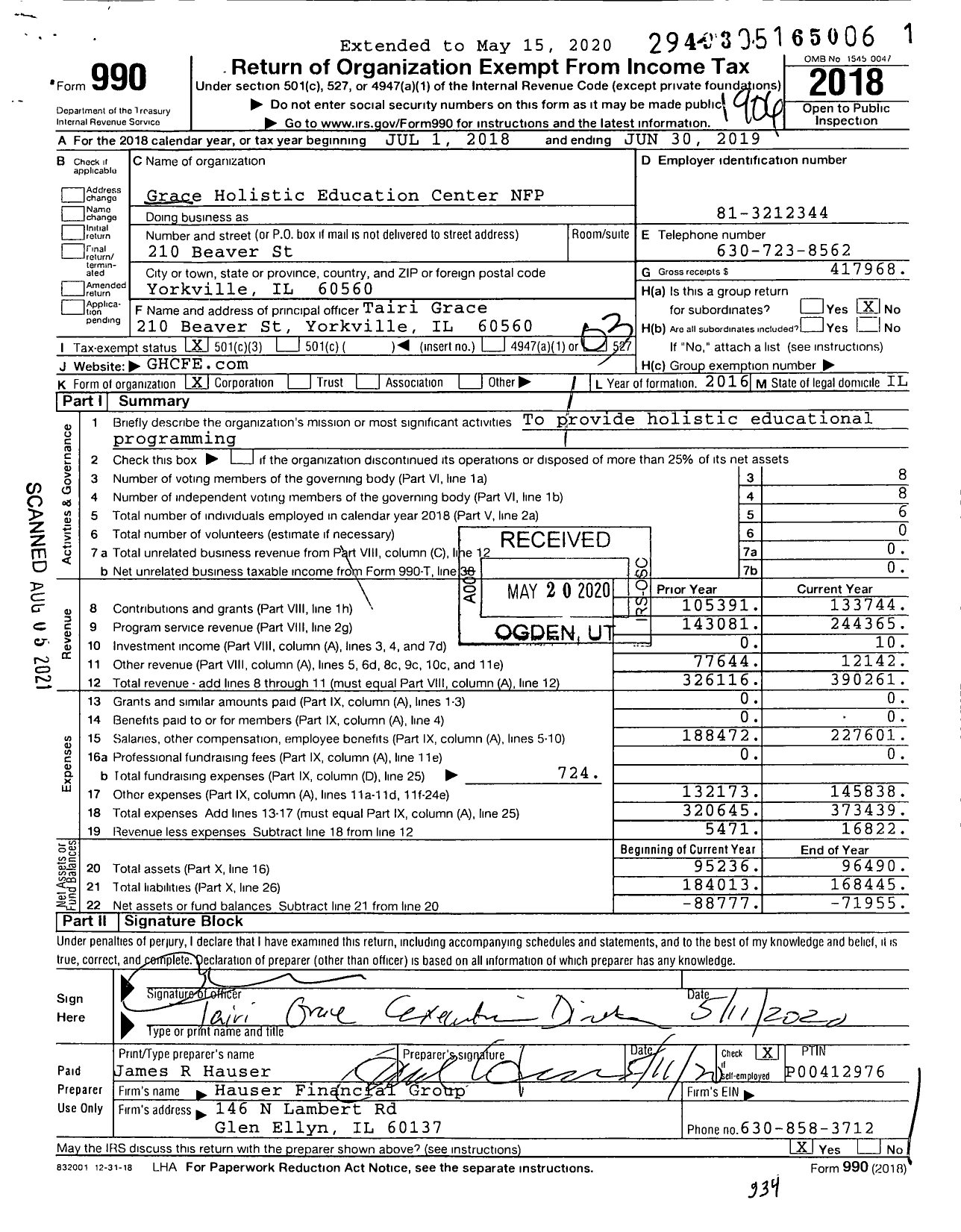 Image of first page of 2018 Form 990 for Grace Holistic Education Center NFP