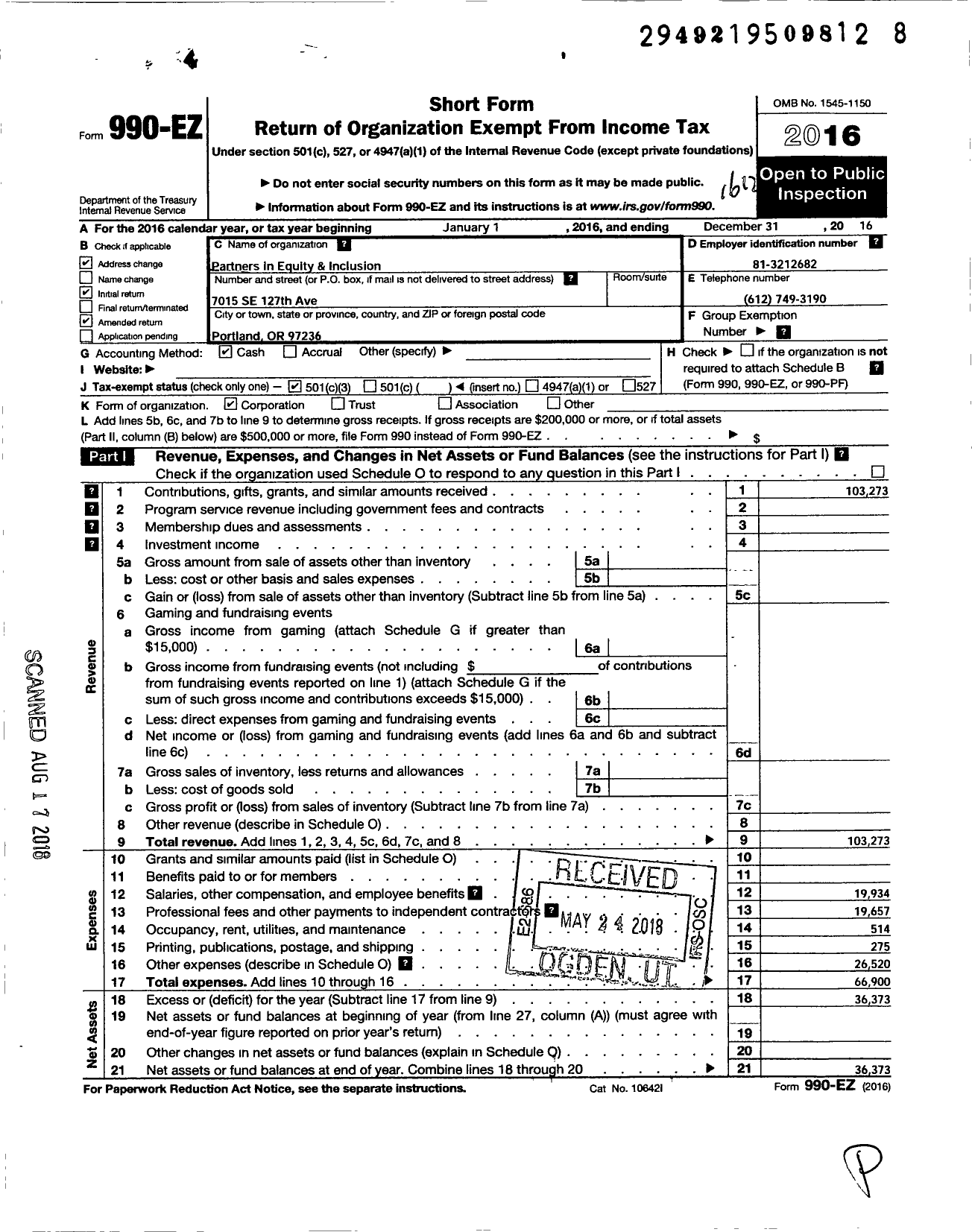 Image of first page of 2016 Form 990EZ for Partners in Equity and Inclusion