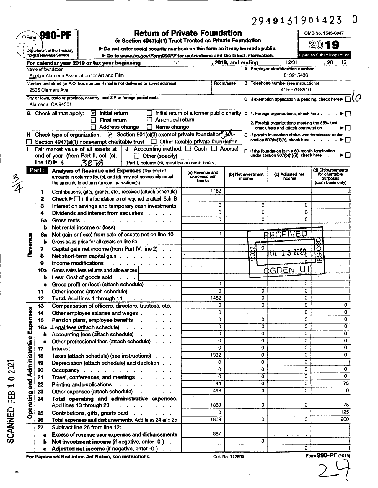 Image of first page of 2019 Form 990PF for Anchor Alameda Association for Art and Film