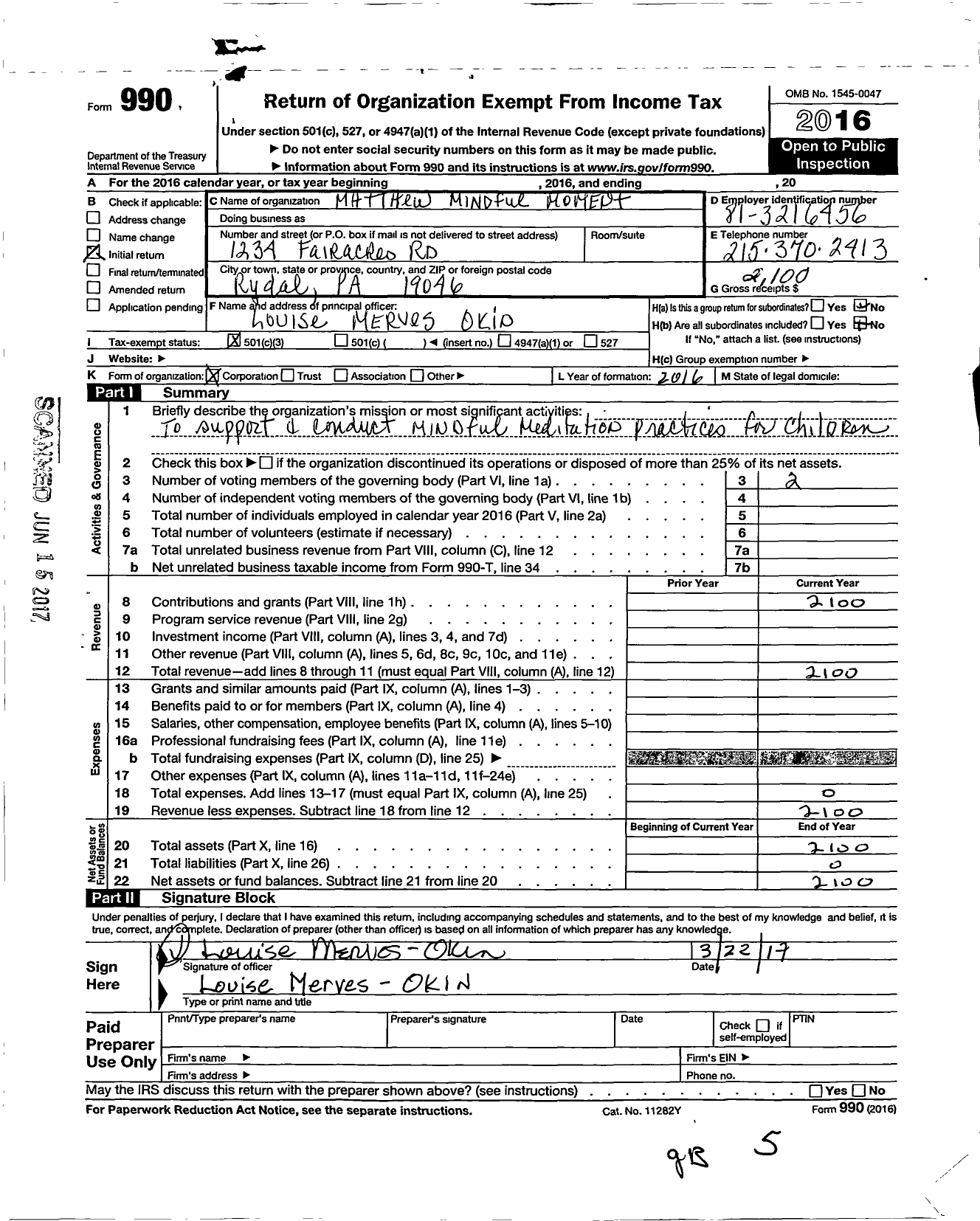 Image of first page of 2016 Form 990 for Mathews Mindful Moment