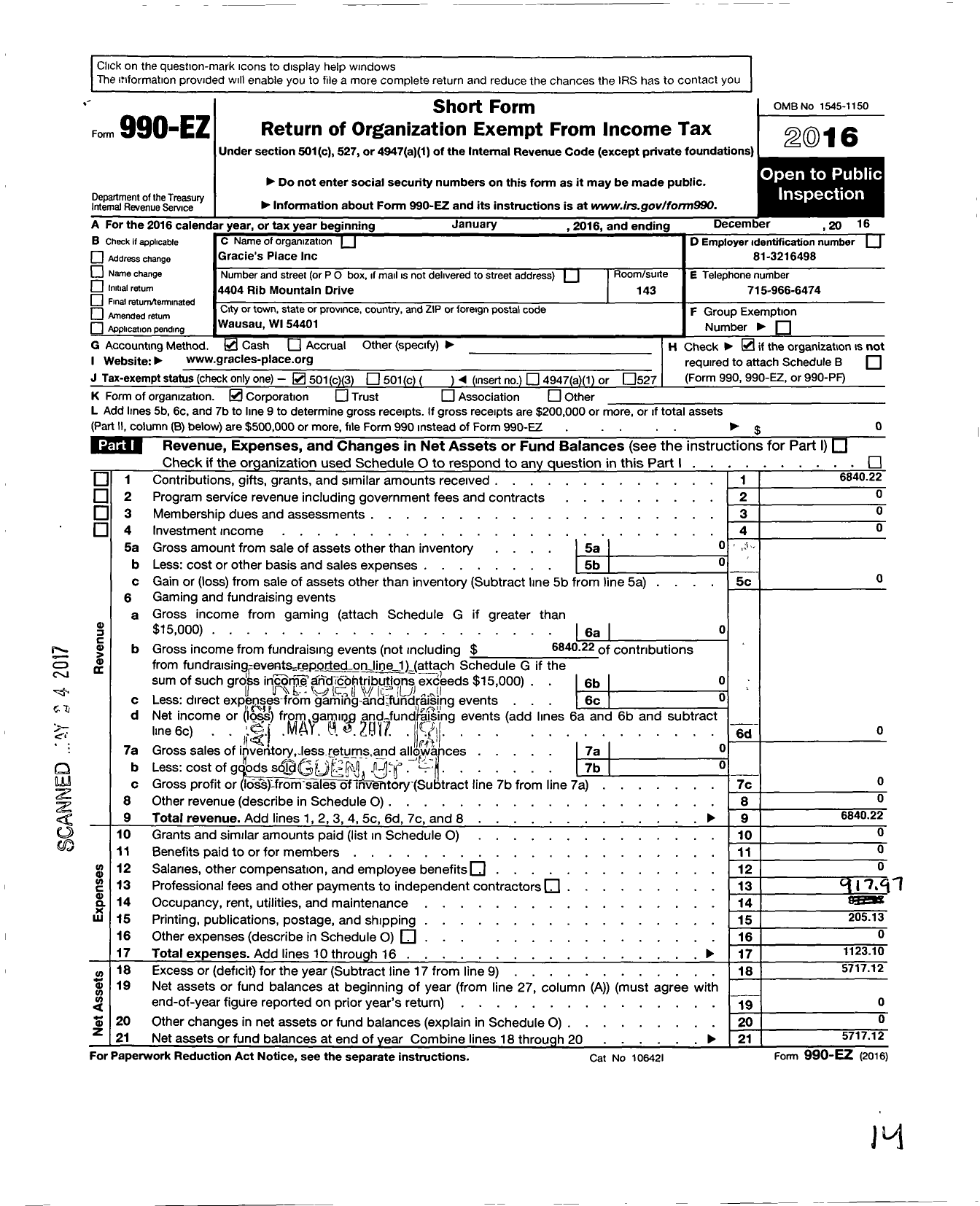 Image of first page of 2016 Form 990EZ for Gracie's Place