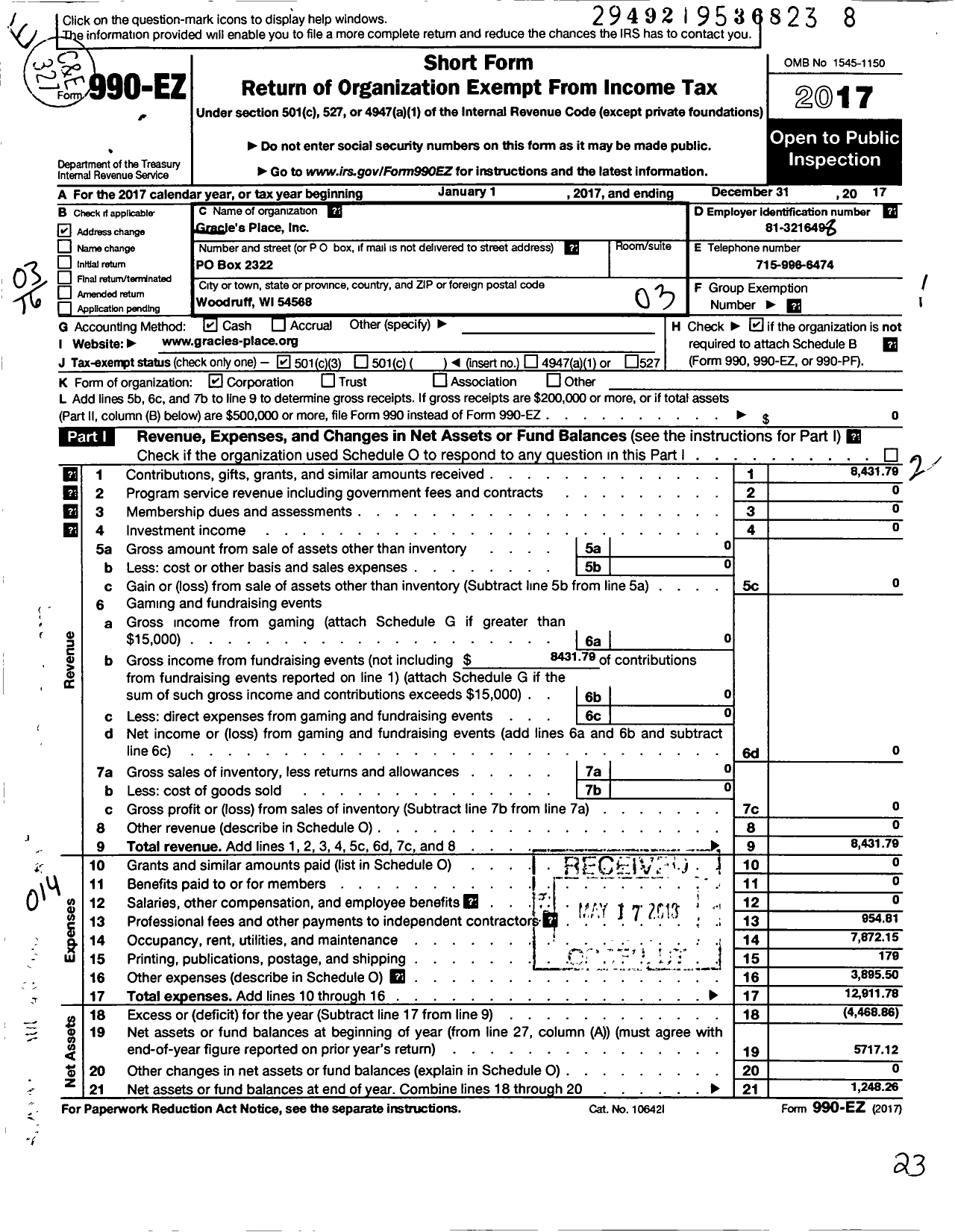 Image of first page of 2017 Form 990EZ for Gracie's Place