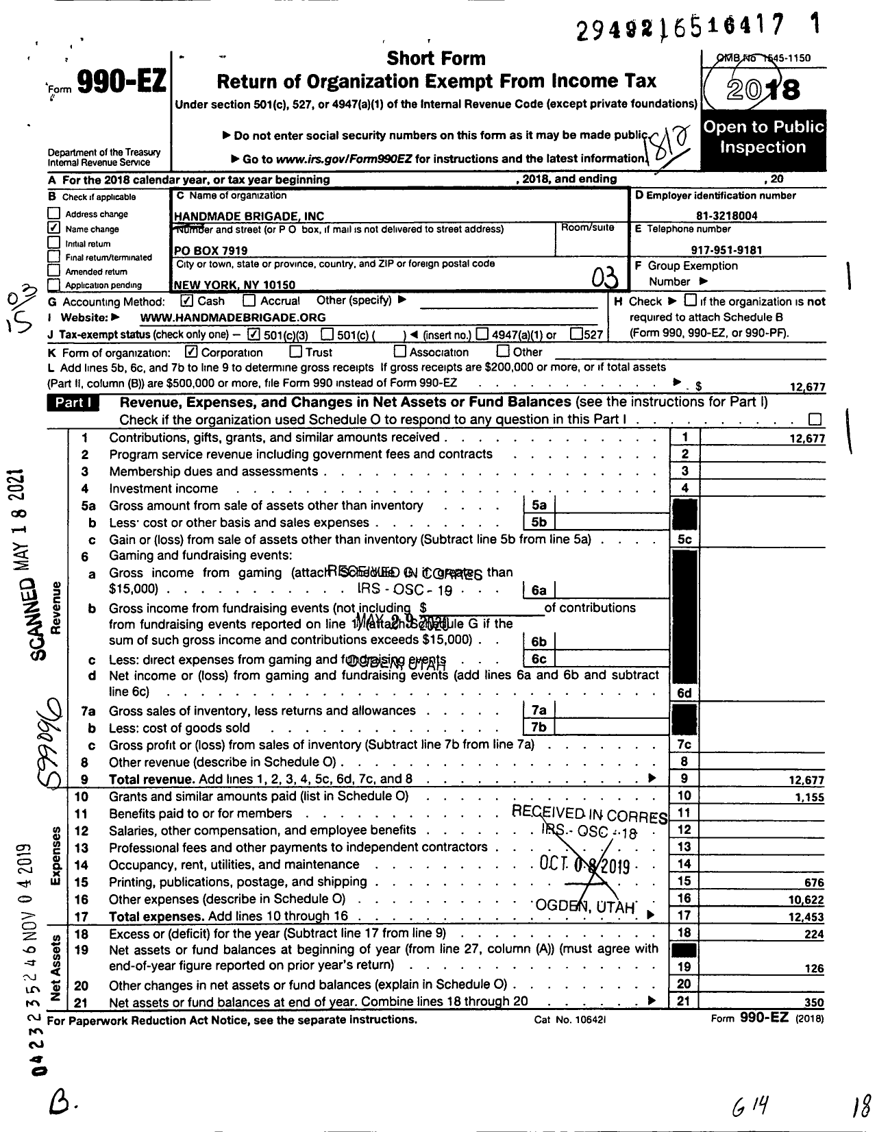 Image of first page of 2018 Form 990EZ for Handmade Brigade