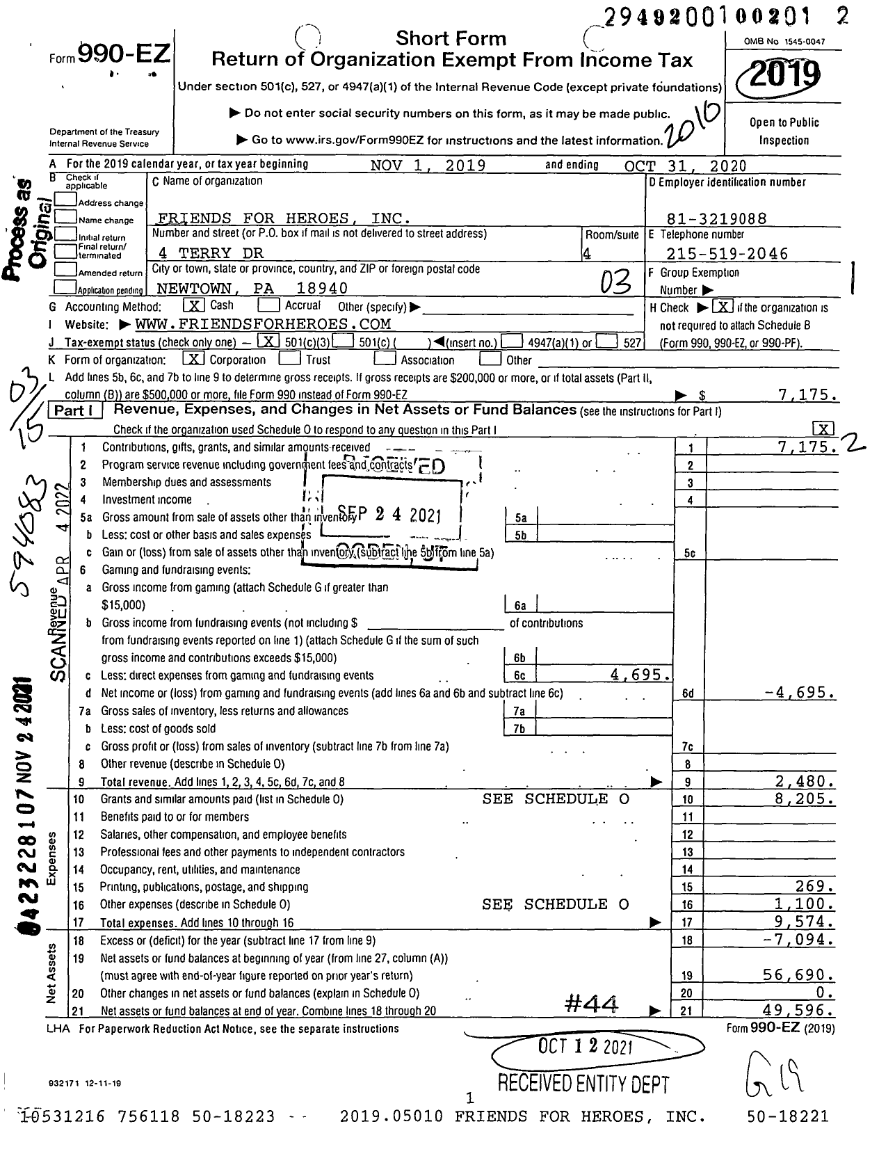 Image of first page of 2019 Form 990EZ for Friends for Heroes