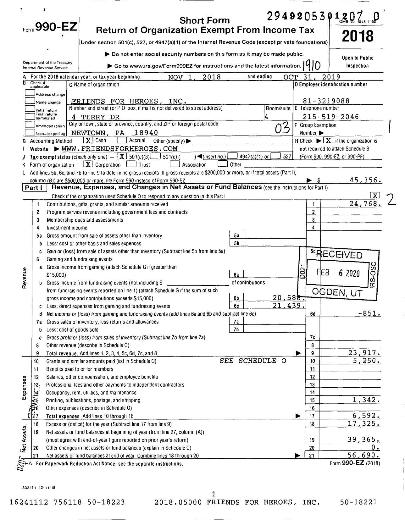 Image of first page of 2018 Form 990EZ for Friends for Heroes