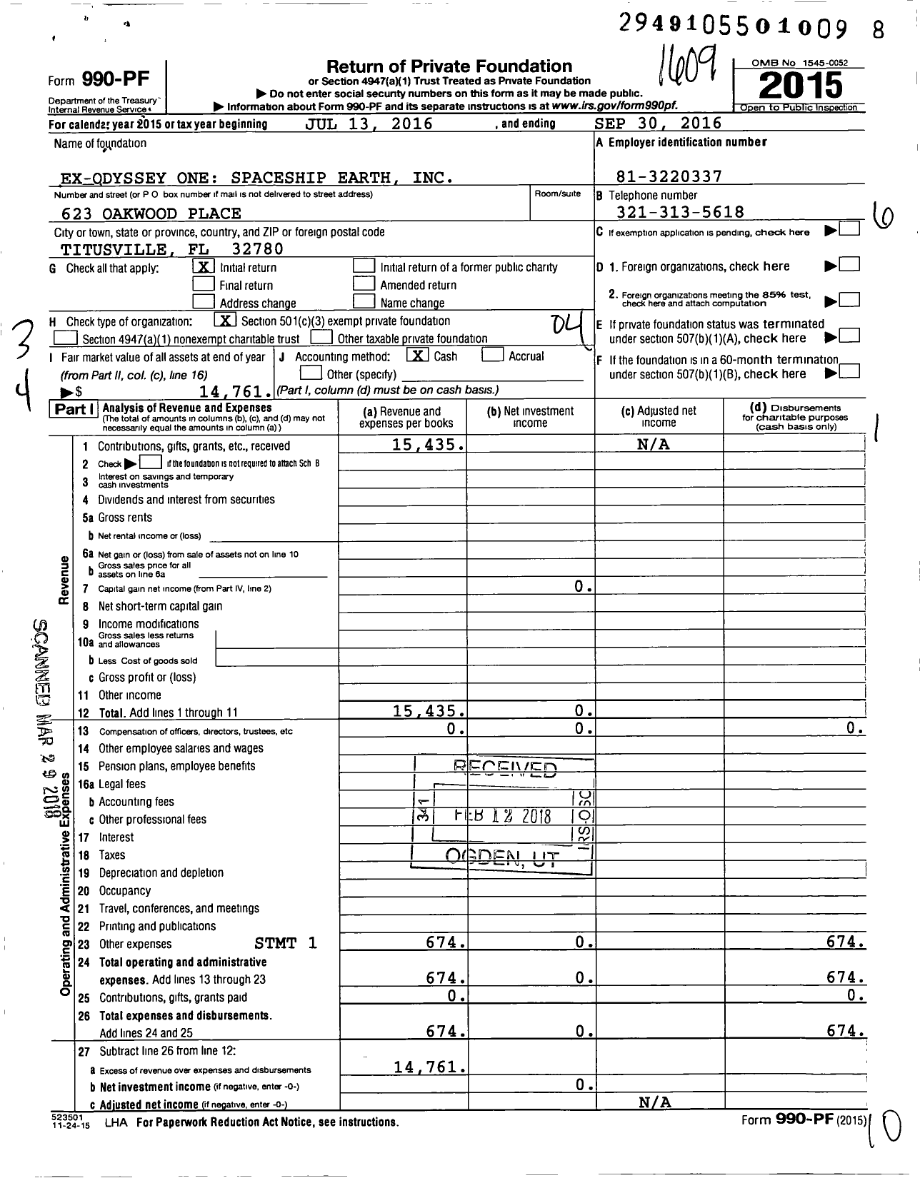 Image of first page of 2015 Form 990PF for Ex-Odyssey One Spaceship Earth