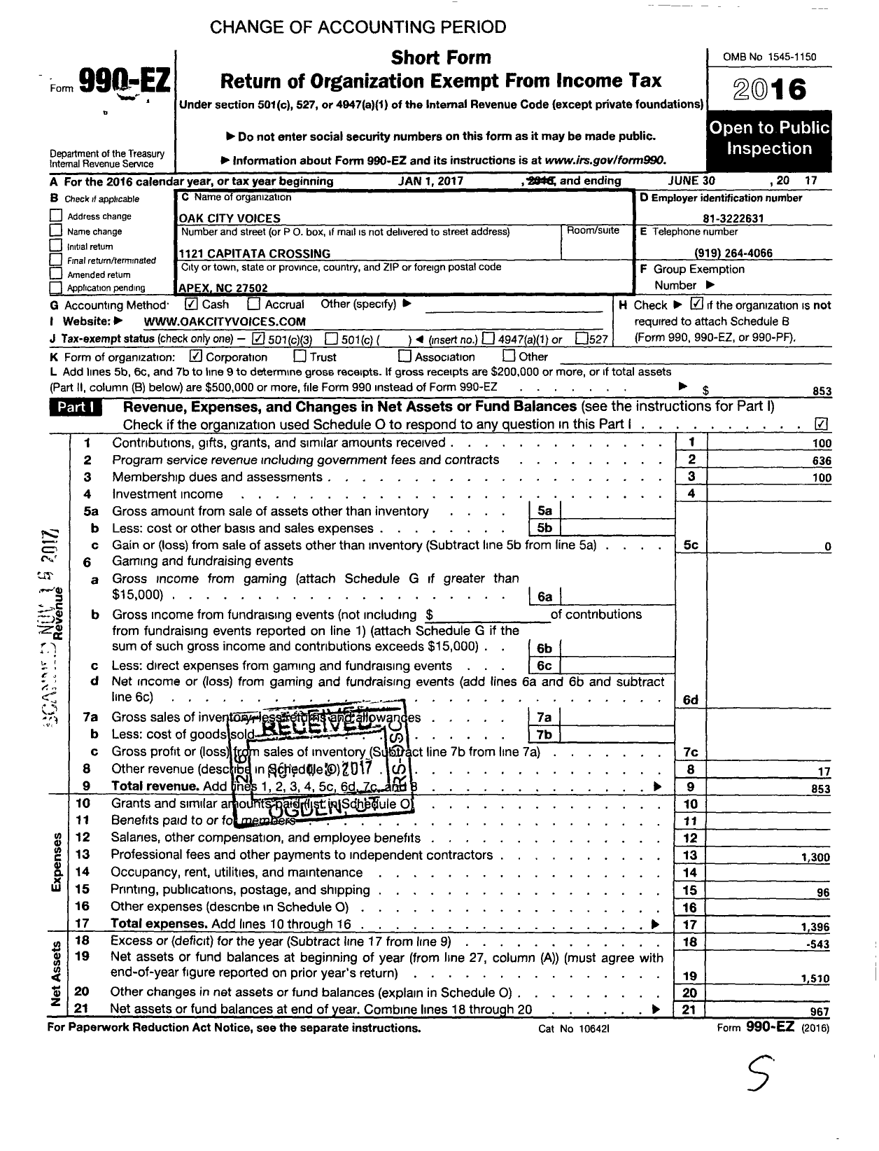 Image of first page of 2016 Form 990EZ for Oak City Voices