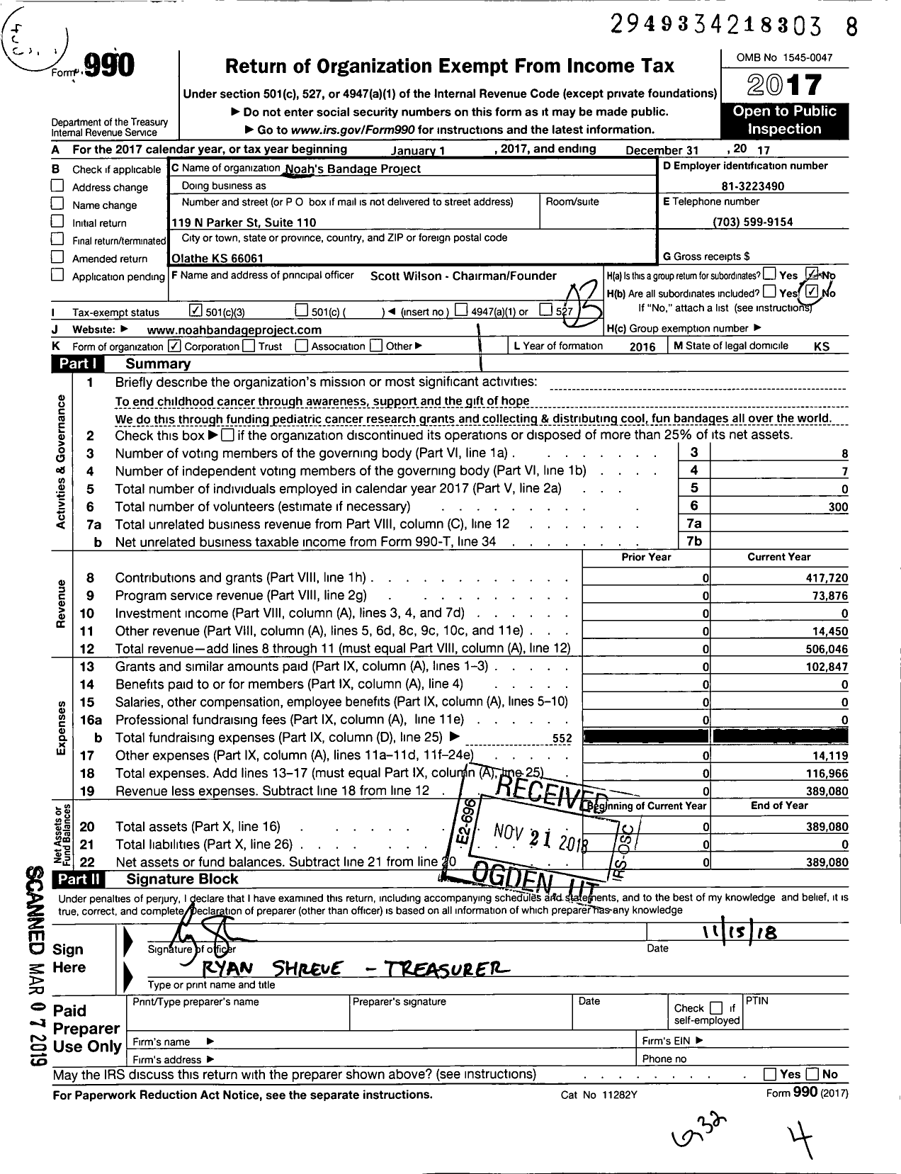 Image of first page of 2017 Form 990 for Noah's Bandage Project