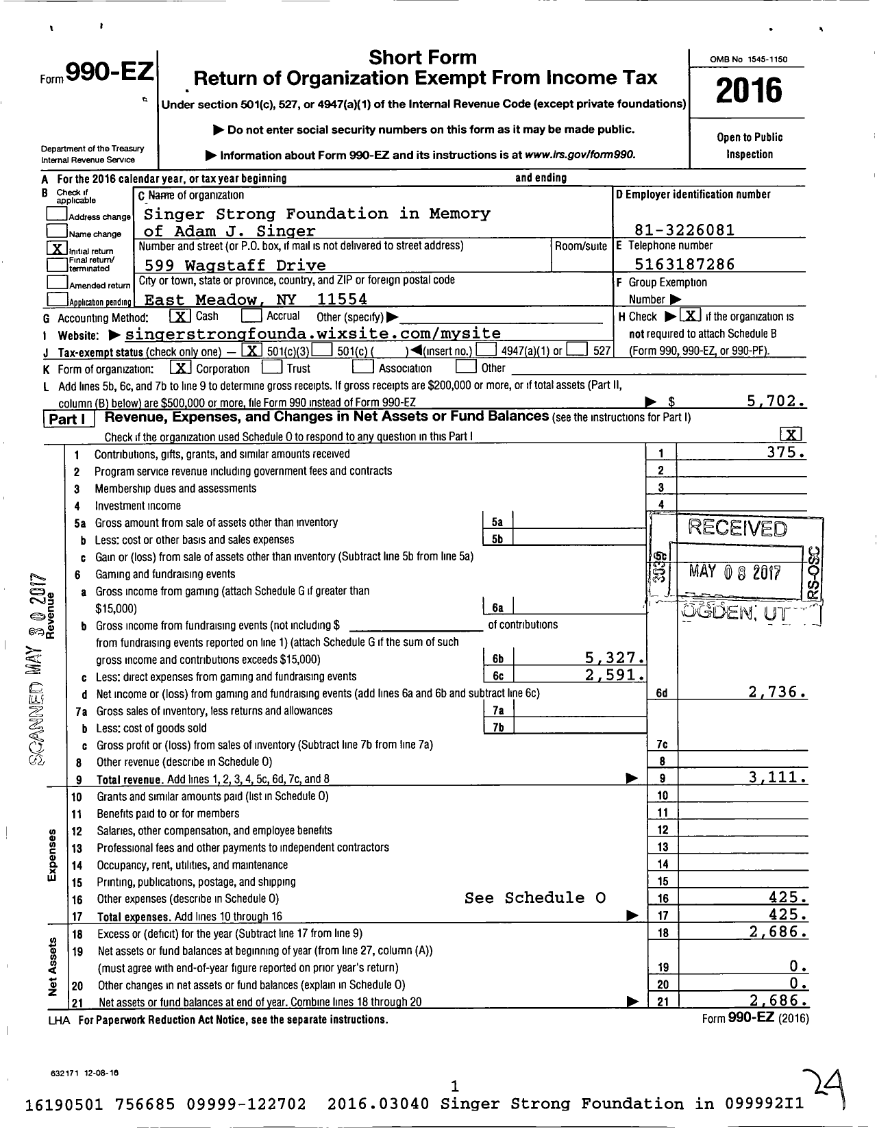 Image of first page of 2016 Form 990EZ for Singer Strong Foundation in Memory of Adam J Singer