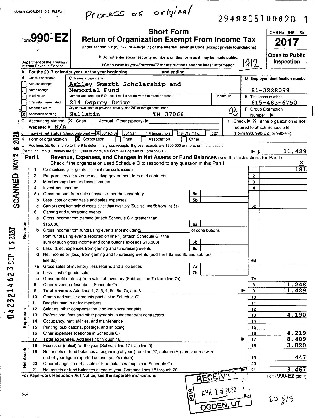 Image of first page of 2017 Form 990EZ for Ashley Smartt Scholarship and Memorial Fund