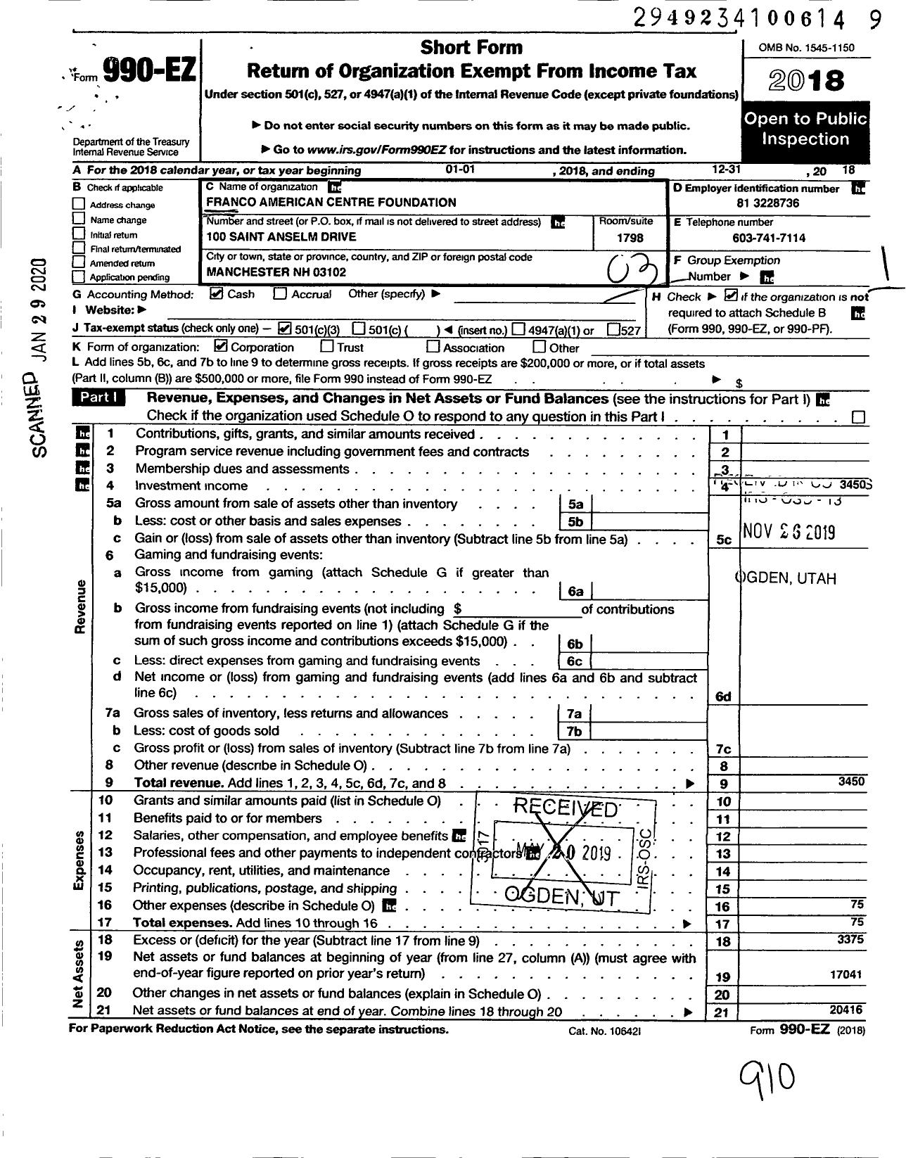 Image of first page of 2018 Form 990EZ for Franco American Centre Foundation