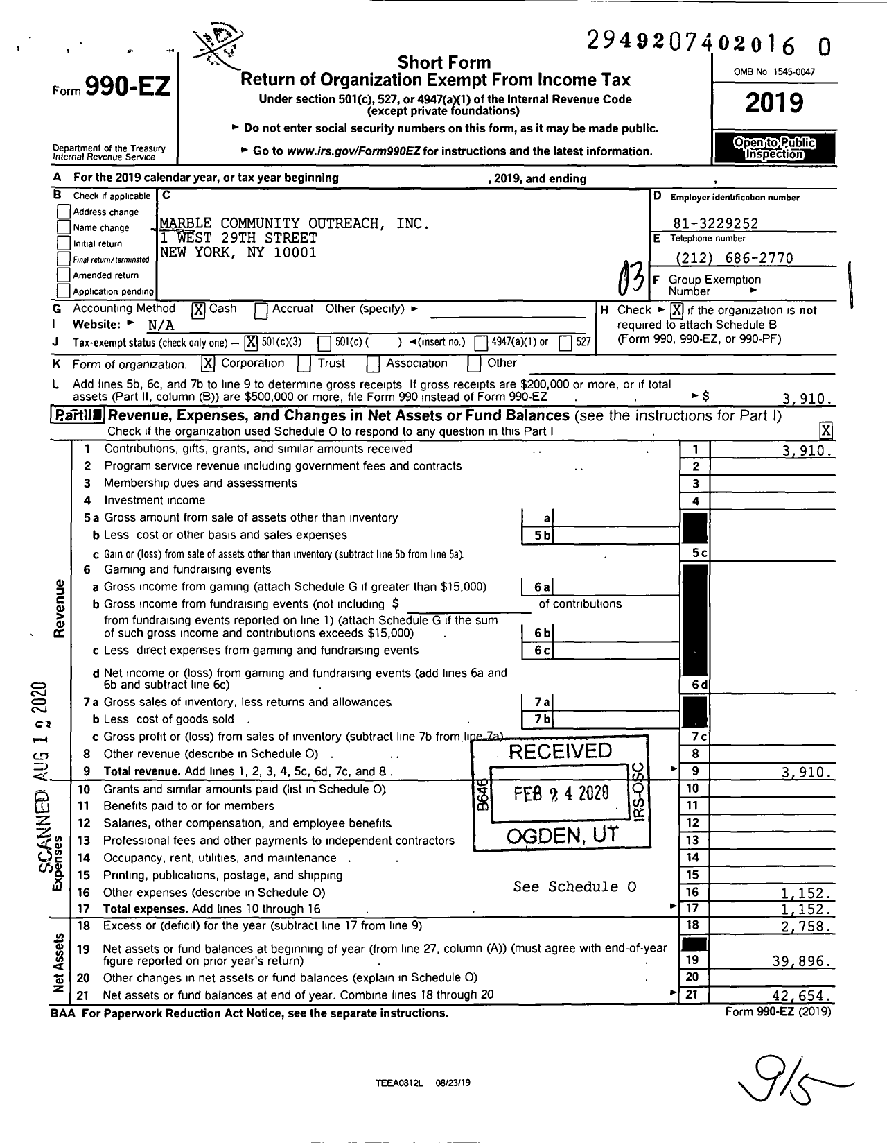 Image of first page of 2019 Form 990EZ for Marble Community Outreach