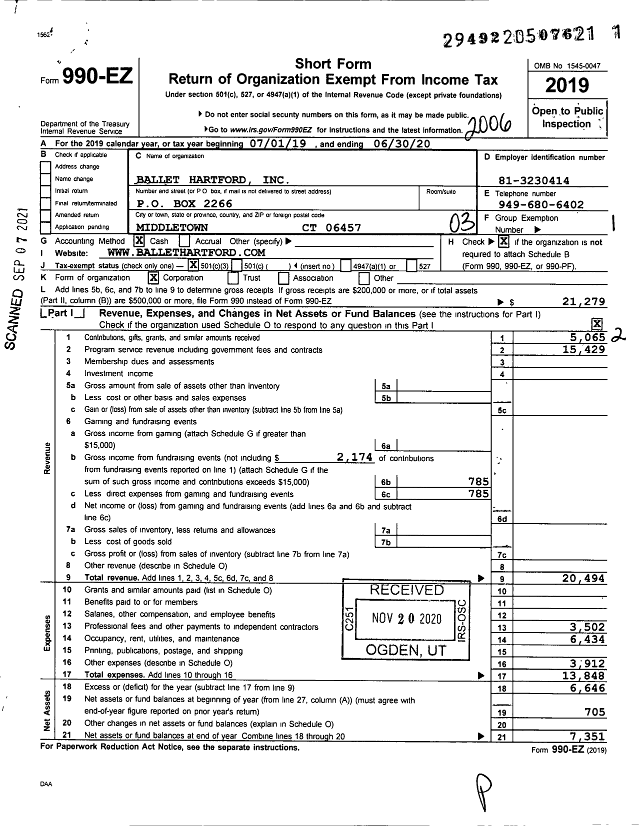 Image of first page of 2019 Form 990EZ for Ballet Hartford