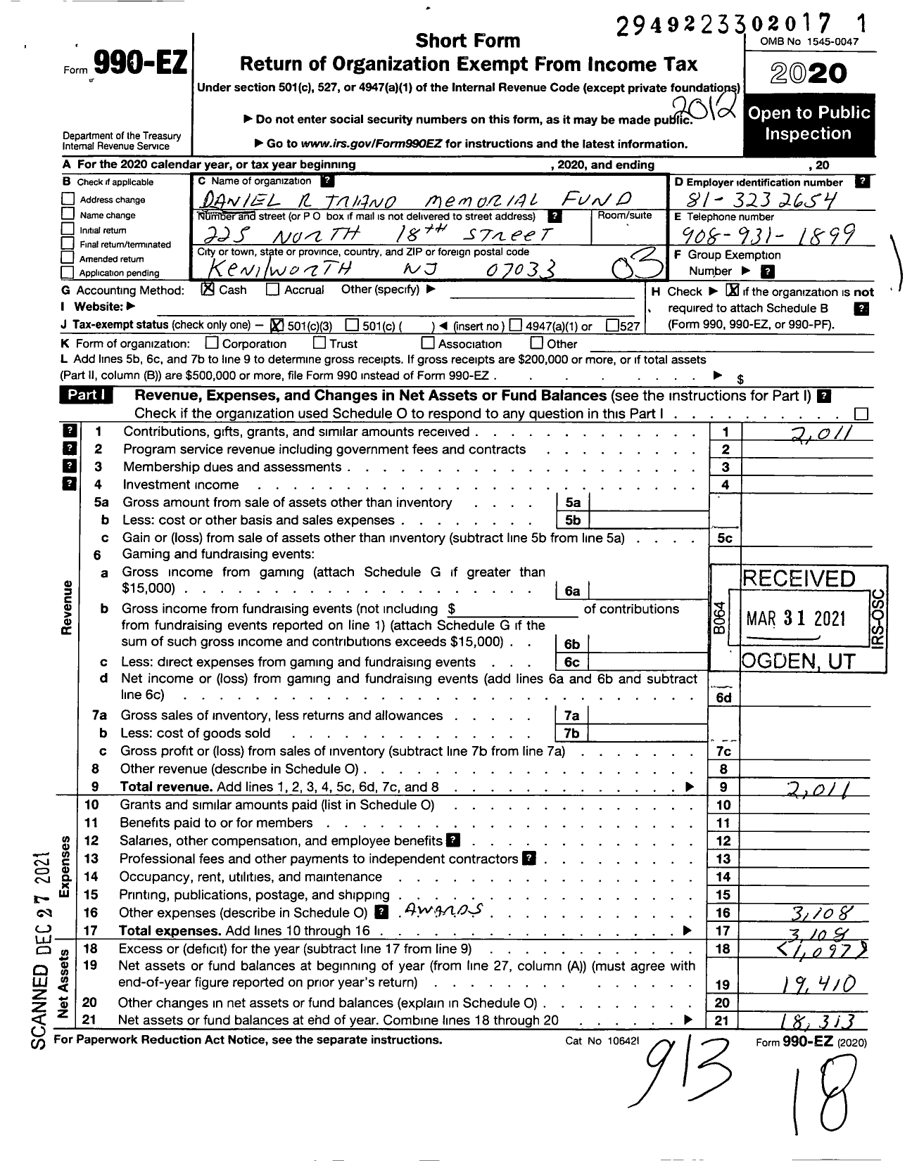 Image of first page of 2020 Form 990EZ for Daniel R Triano Memorial Fund