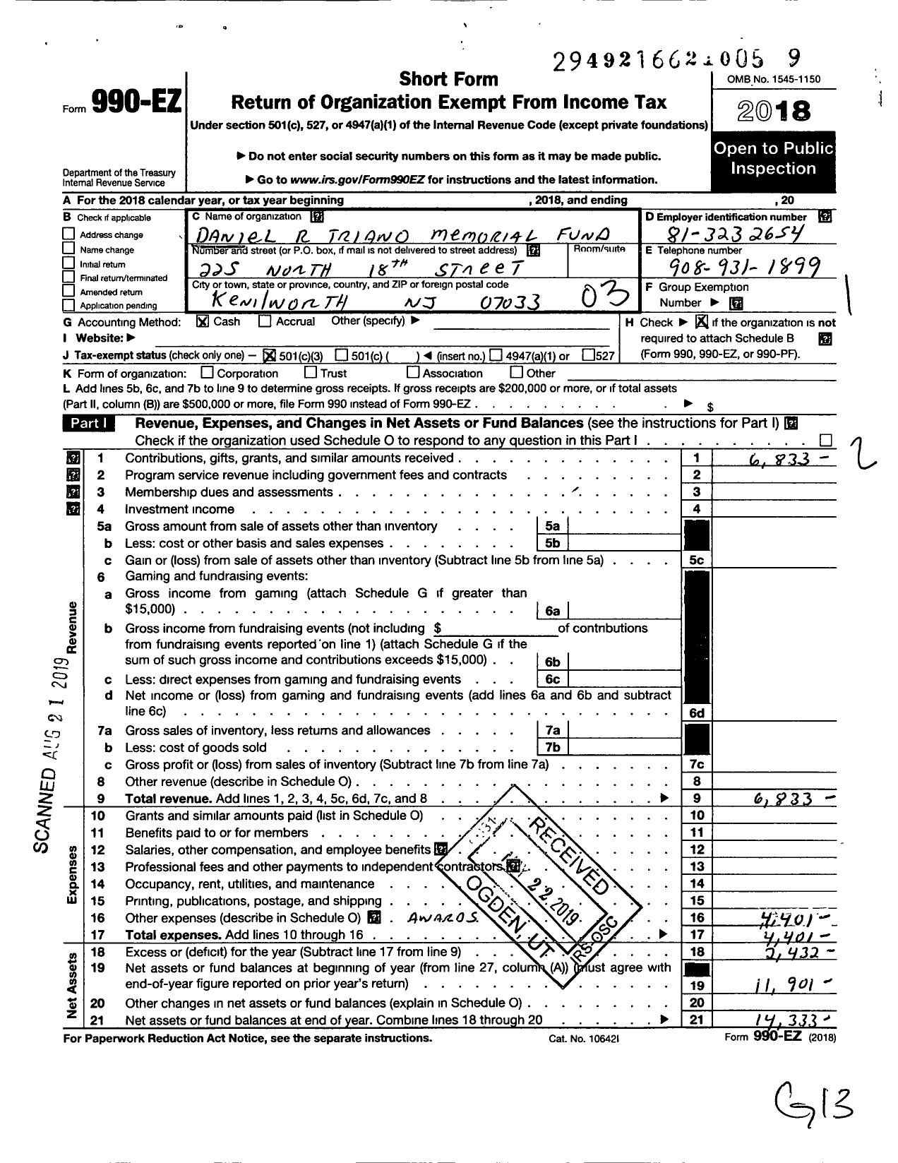 Image of first page of 2018 Form 990EZ for Daniel R Triano Memorial Fund