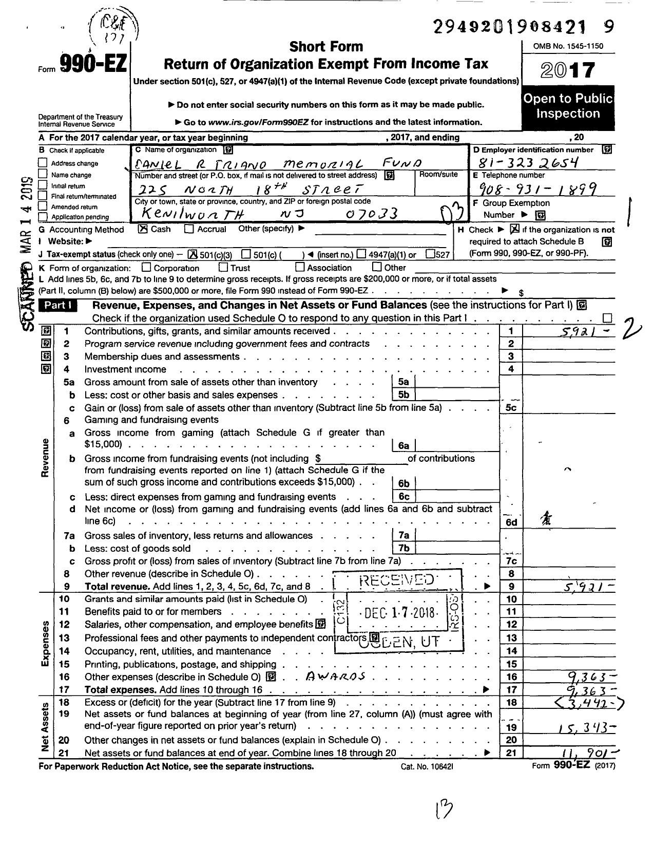 Image of first page of 2017 Form 990EZ for Daniel R Triano Memorial Fund