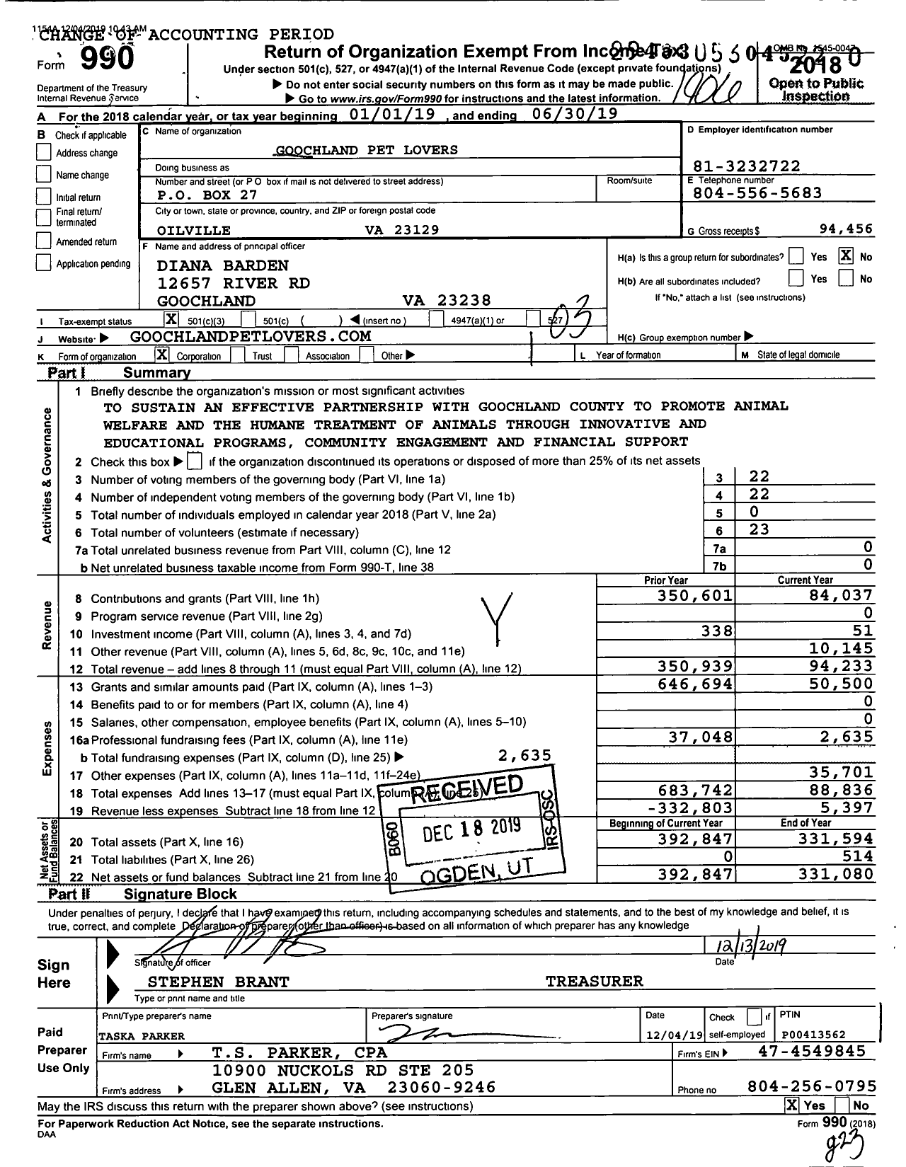 Image of first page of 2018 Form 990 for Goochland Pet Lovers