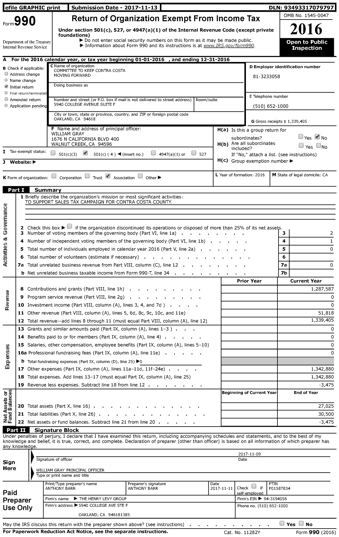 Image of first page of 2016 Form 990 for Committee To Keep Contra Costa Moving Forward