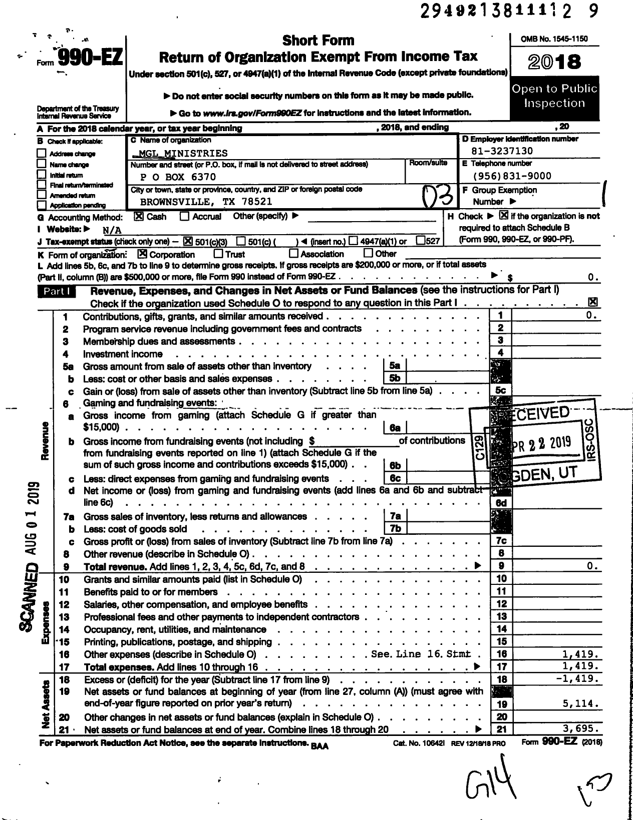 Image of first page of 2018 Form 990EZ for MGL Ministries