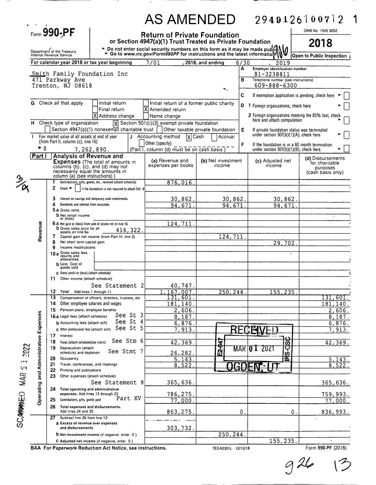 Image of first page of 2018 Form 990PF for Smith Family Foundation