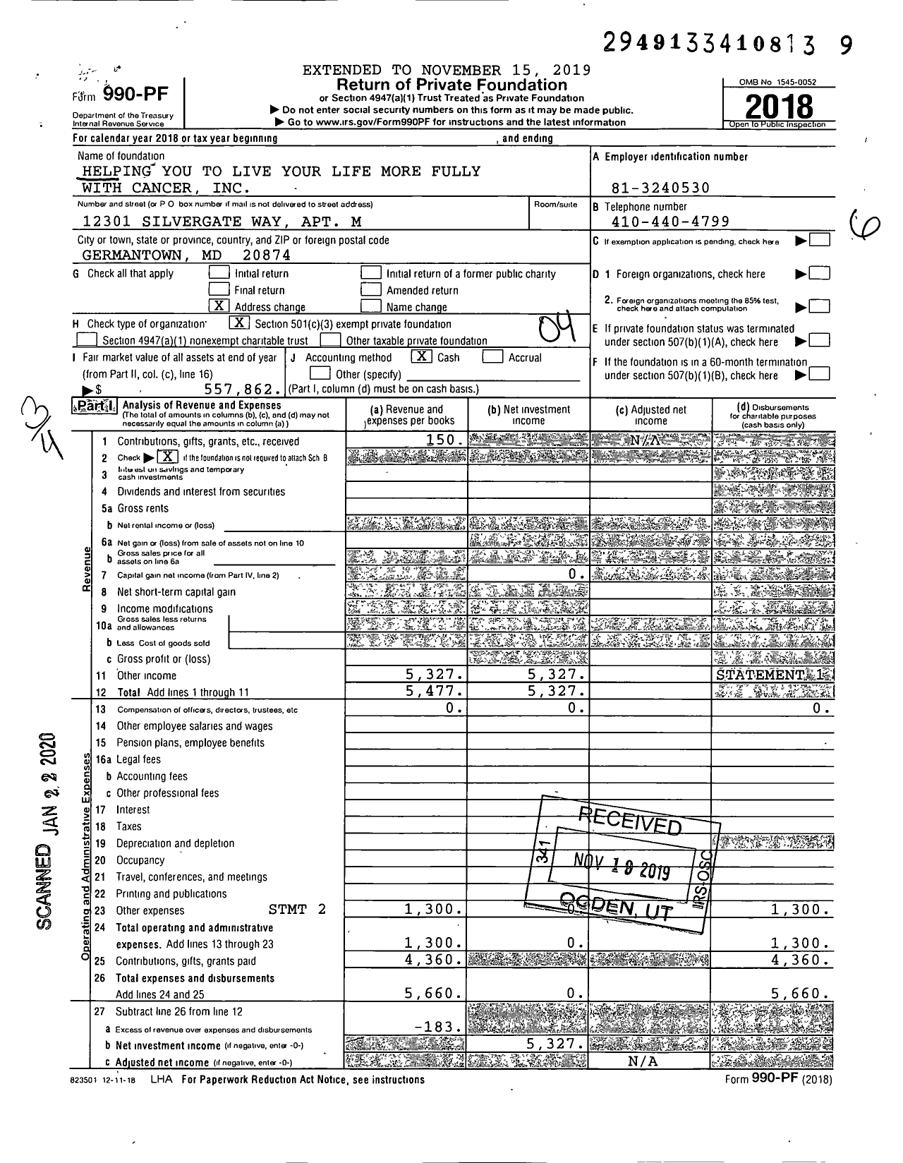 Image of first page of 2018 Form 990PF for Helping You to Live Your Life More Fully With Cancer