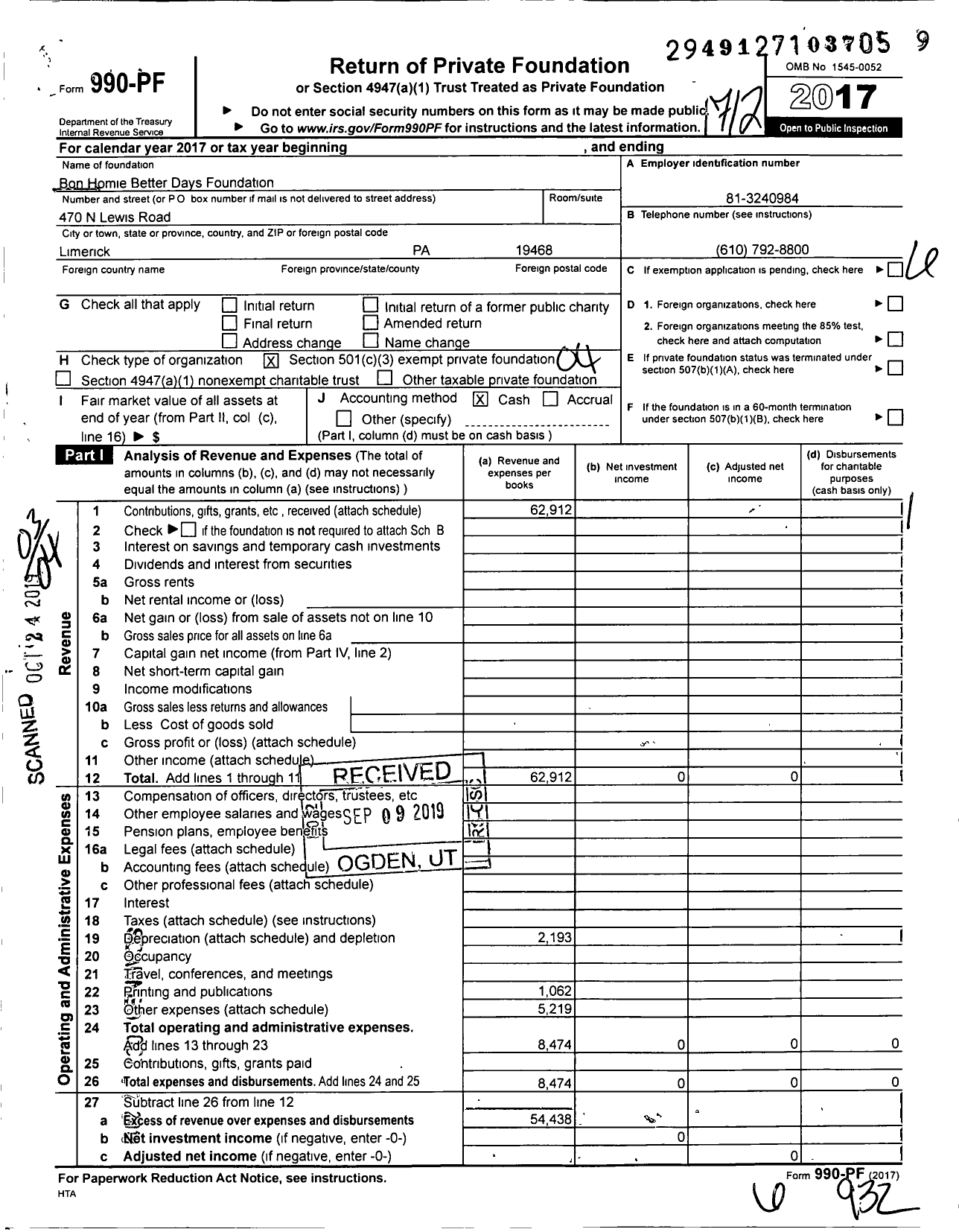 Image of first page of 2017 Form 990PF for Bon Homie Better Days Foundation