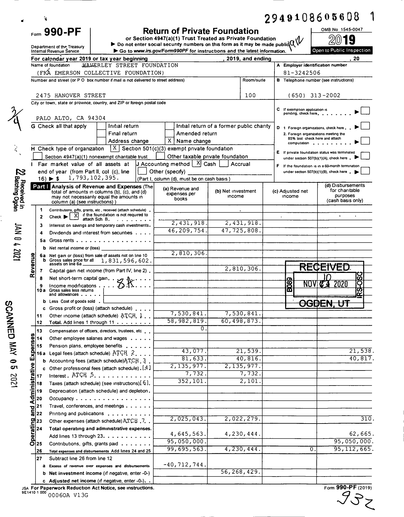 Image of first page of 2019 Form 990PF for Waverley Street Foundation