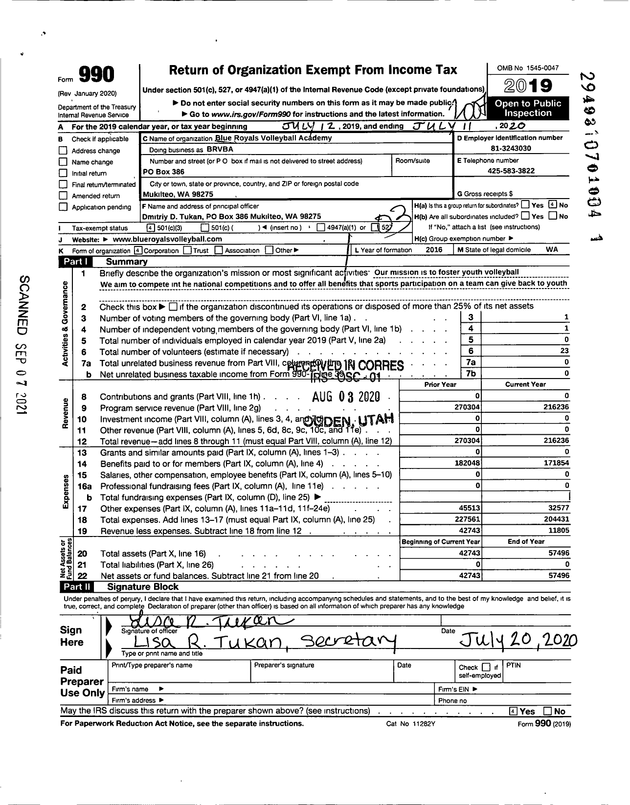 Image of first page of 2019 Form 990 for Blue Royals Volleyball Academy (BRVBA)