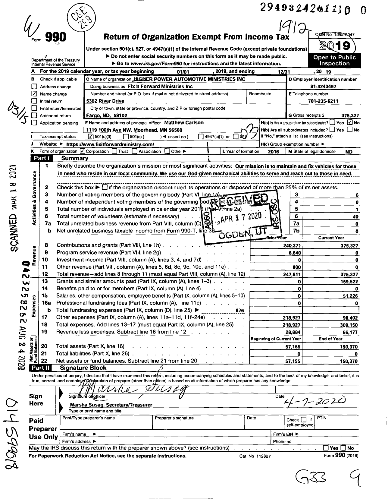 Image of first page of 2019 Form 990 for Fix It Forward Ministries