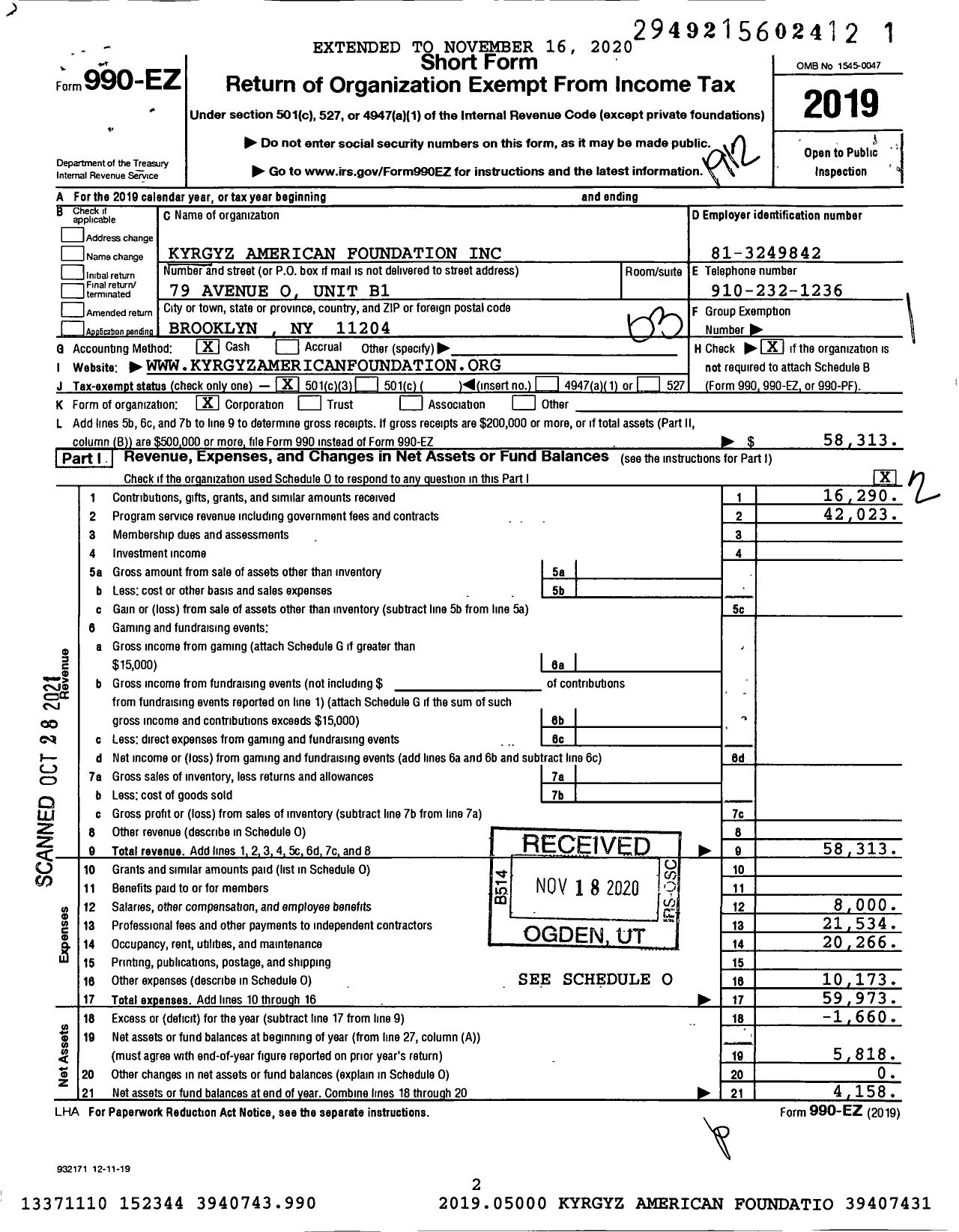 Image of first page of 2019 Form 990EZ for Kyrgyz American Foundation