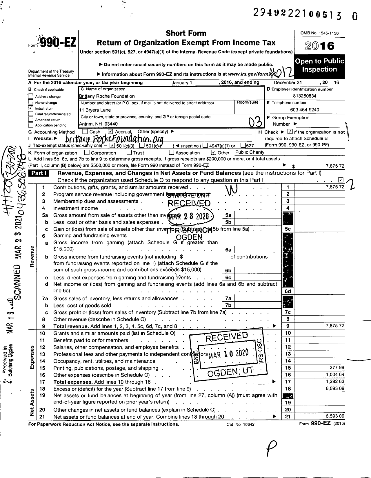 Image of first page of 2016 Form 990EZ for Brittany Roche Foundation