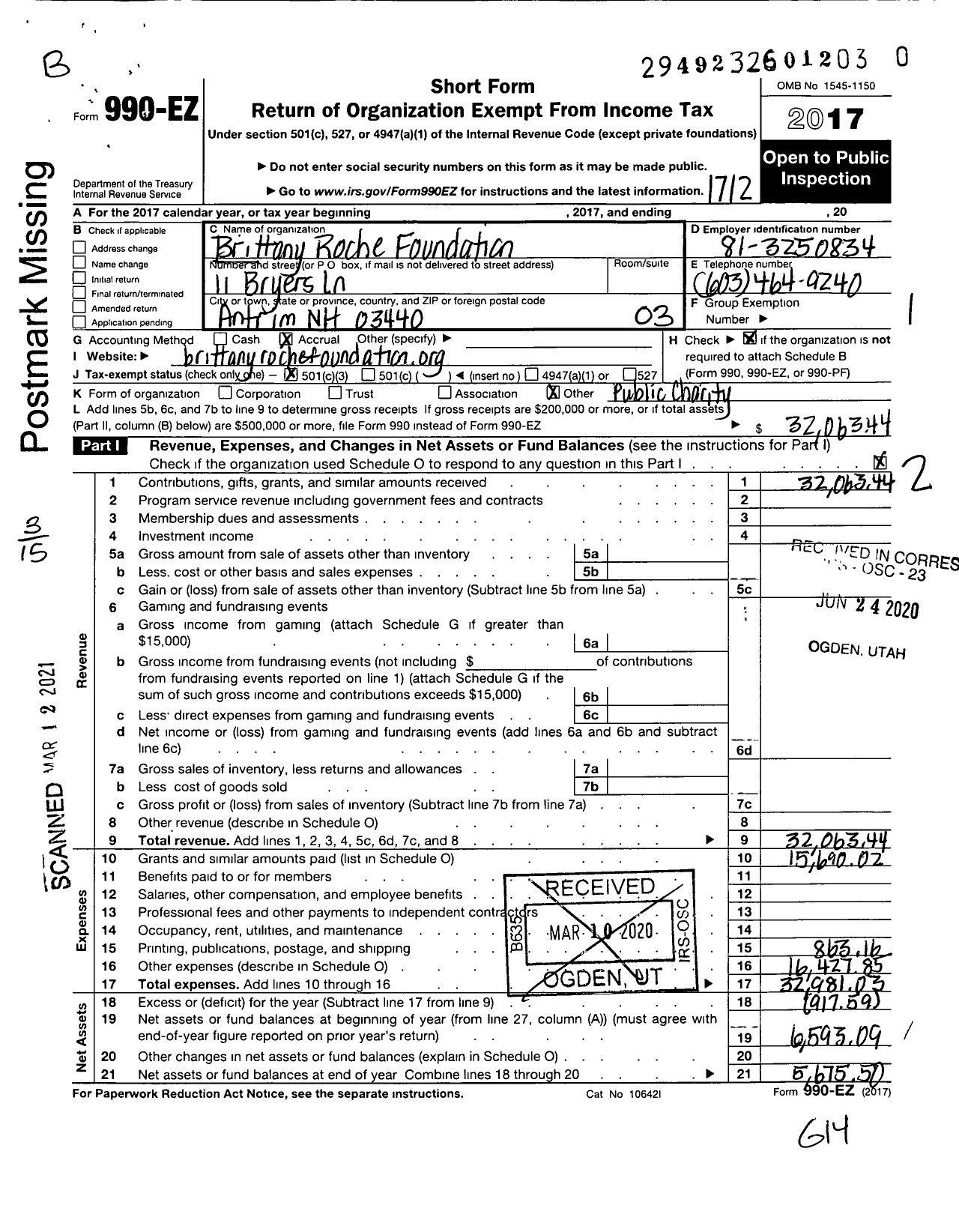 Image of first page of 2017 Form 990EZ for Brittany Roche Foundation