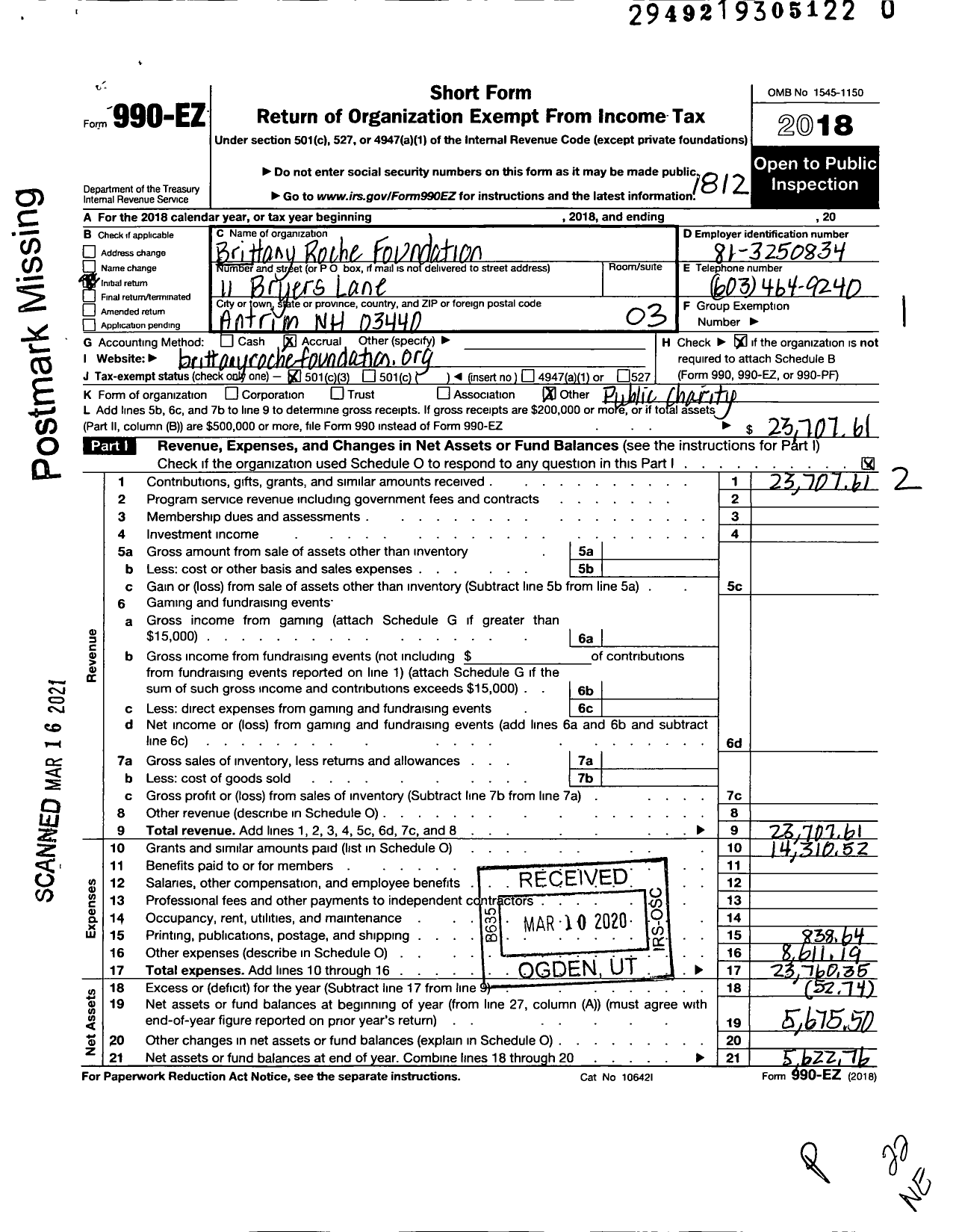 Image of first page of 2018 Form 990EZ for Brittany Roche Foundation