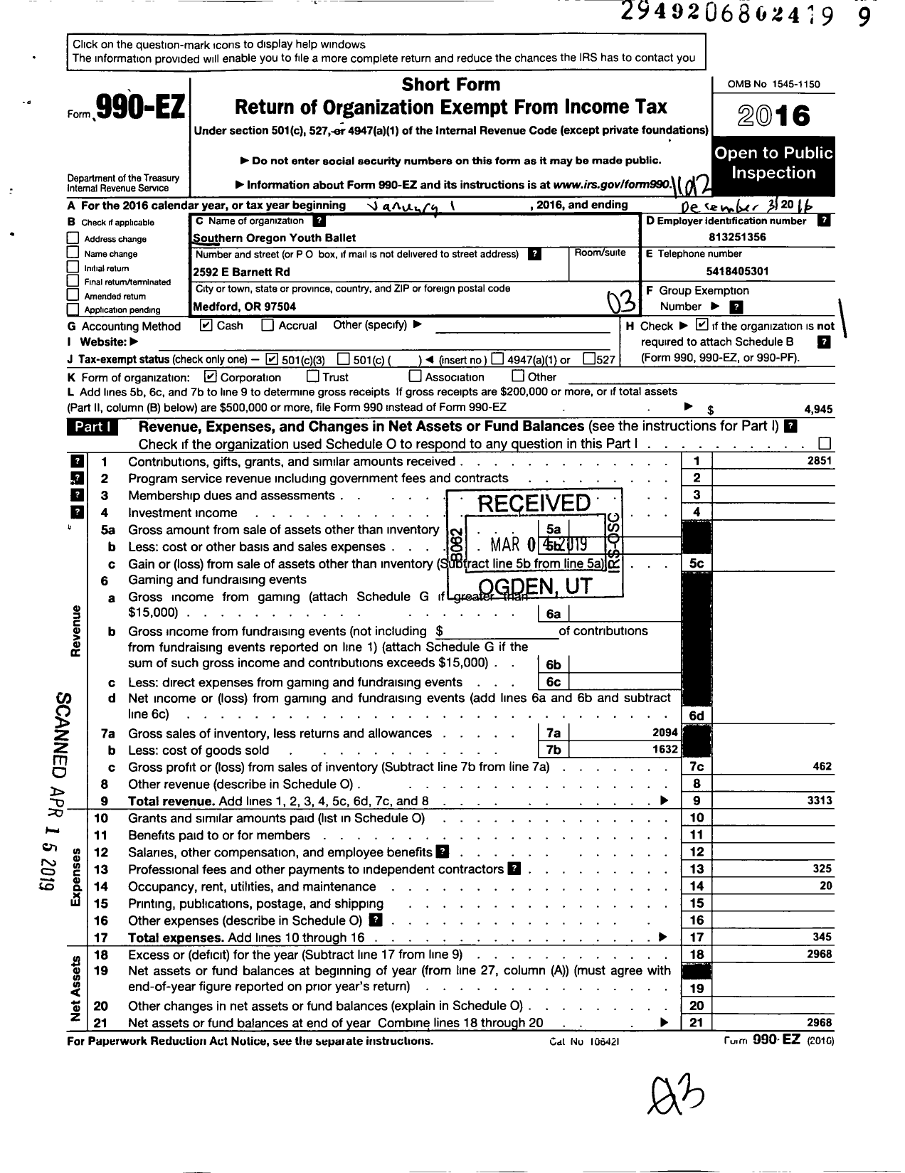 Image of first page of 2016 Form 990EZ for Southern Oregon Youth Ballet