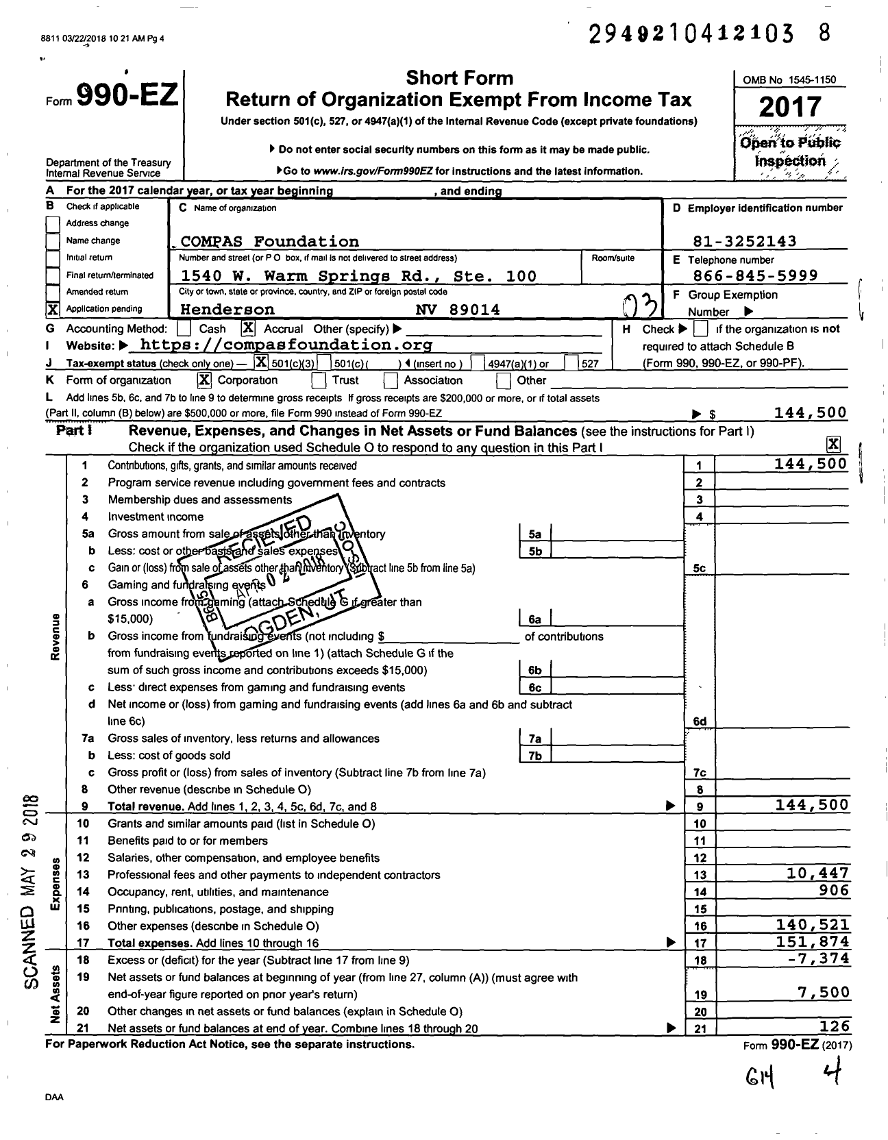 Image of first page of 2017 Form 990EZ for Compas Foundation