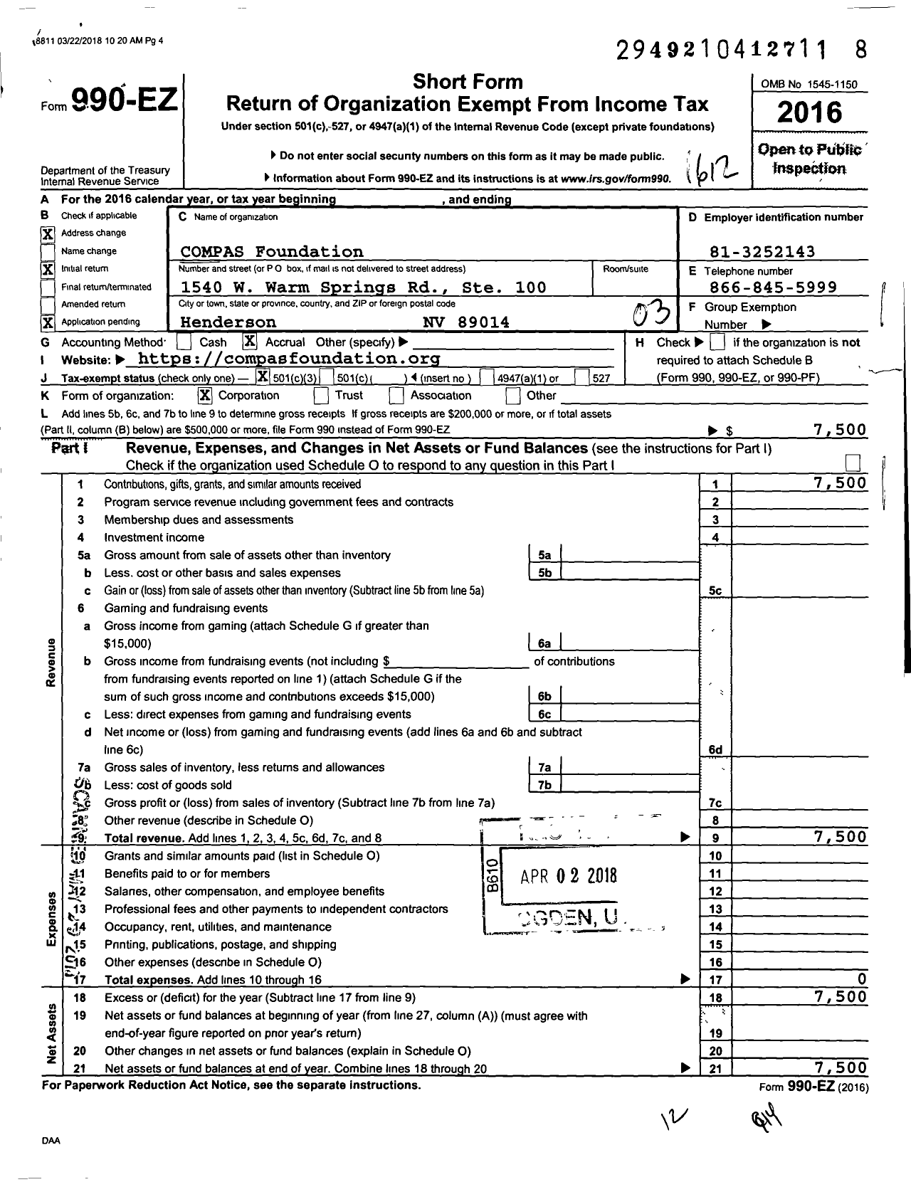 Image of first page of 2016 Form 990EZ for Compas Foundation