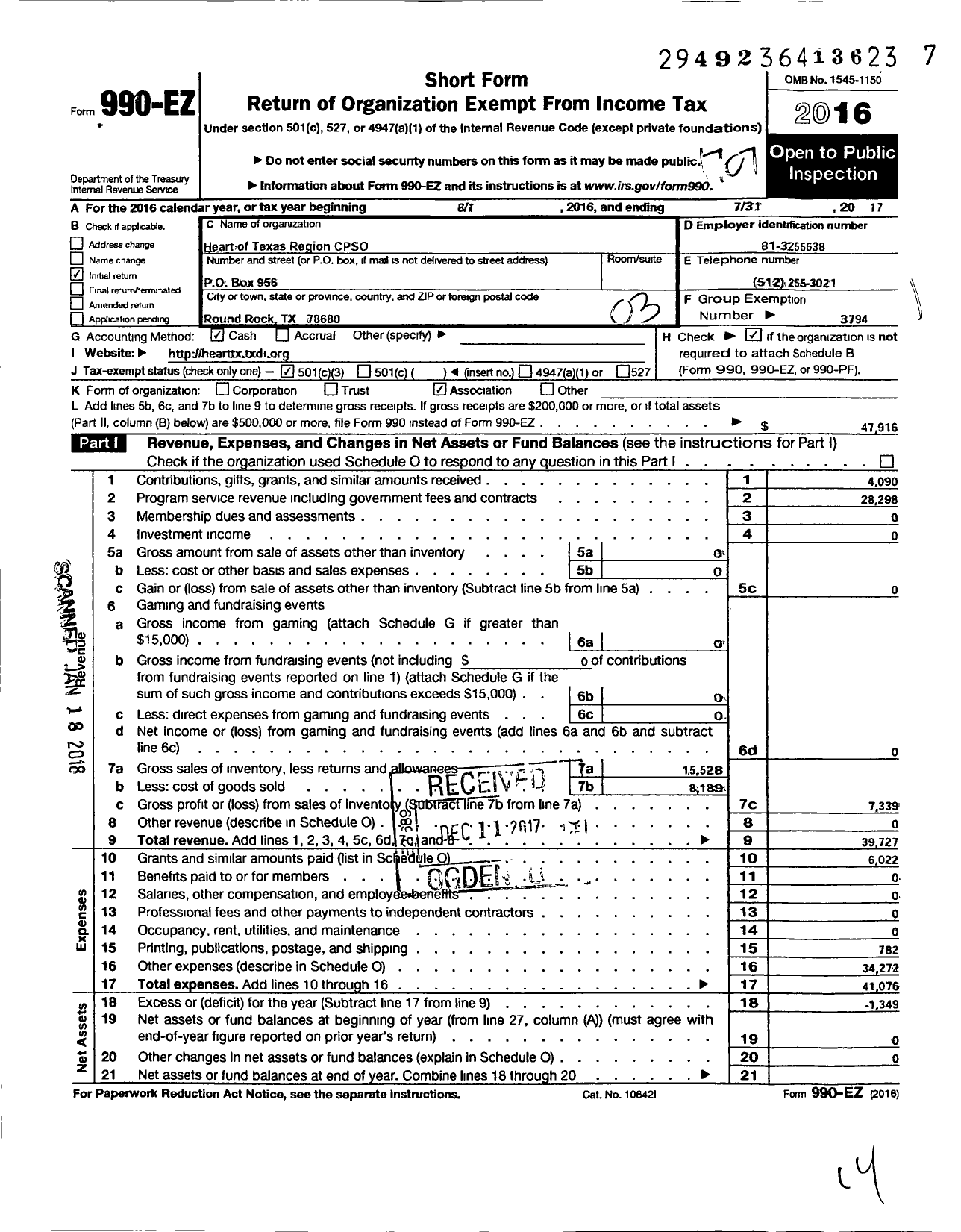 Image of first page of 2016 Form 990EZ for Txcpso / Heart of Texas Cpso