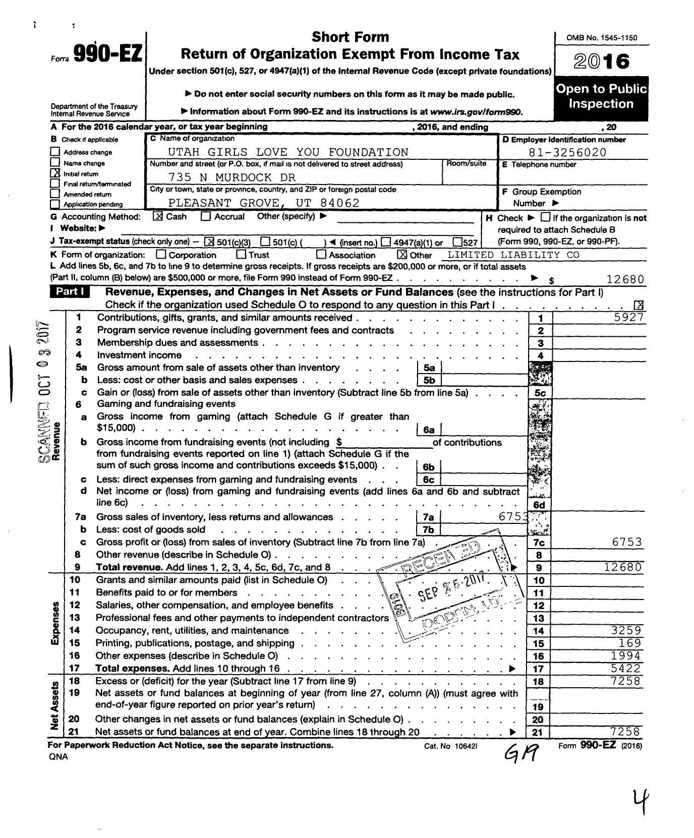 Image of first page of 2016 Form 990EZ for Utah Girls Love You Foundation