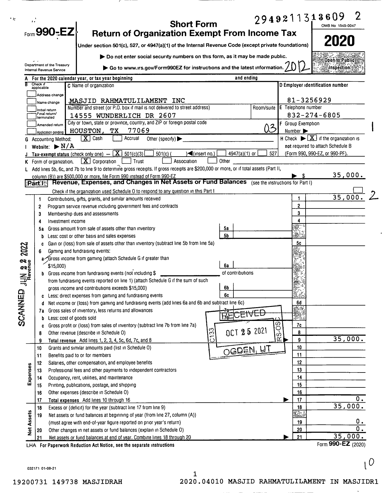 Image of first page of 2020 Form 990EZ for Masjid Rahmatulilalamen