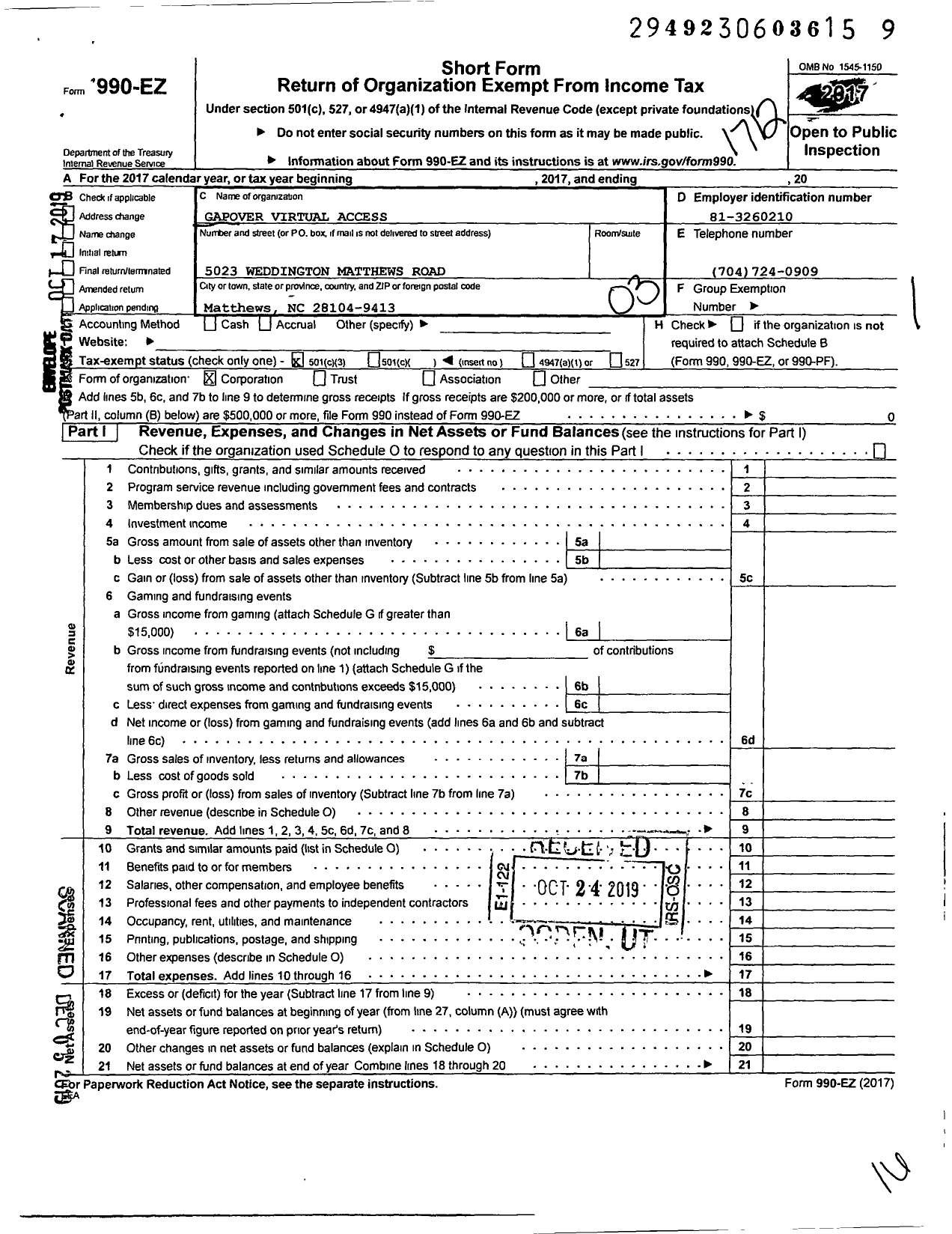 Image of first page of 2017 Form 990EZ for Gapover Virtual Access