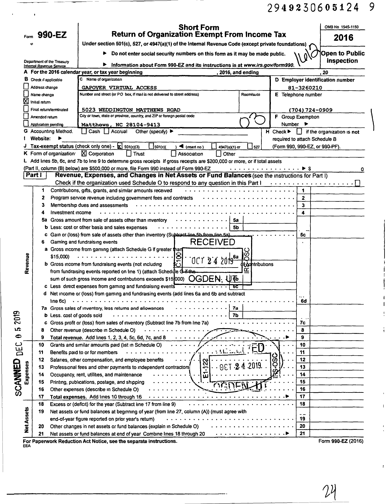 Image of first page of 2016 Form 990EZ for Gapover Virtual Access