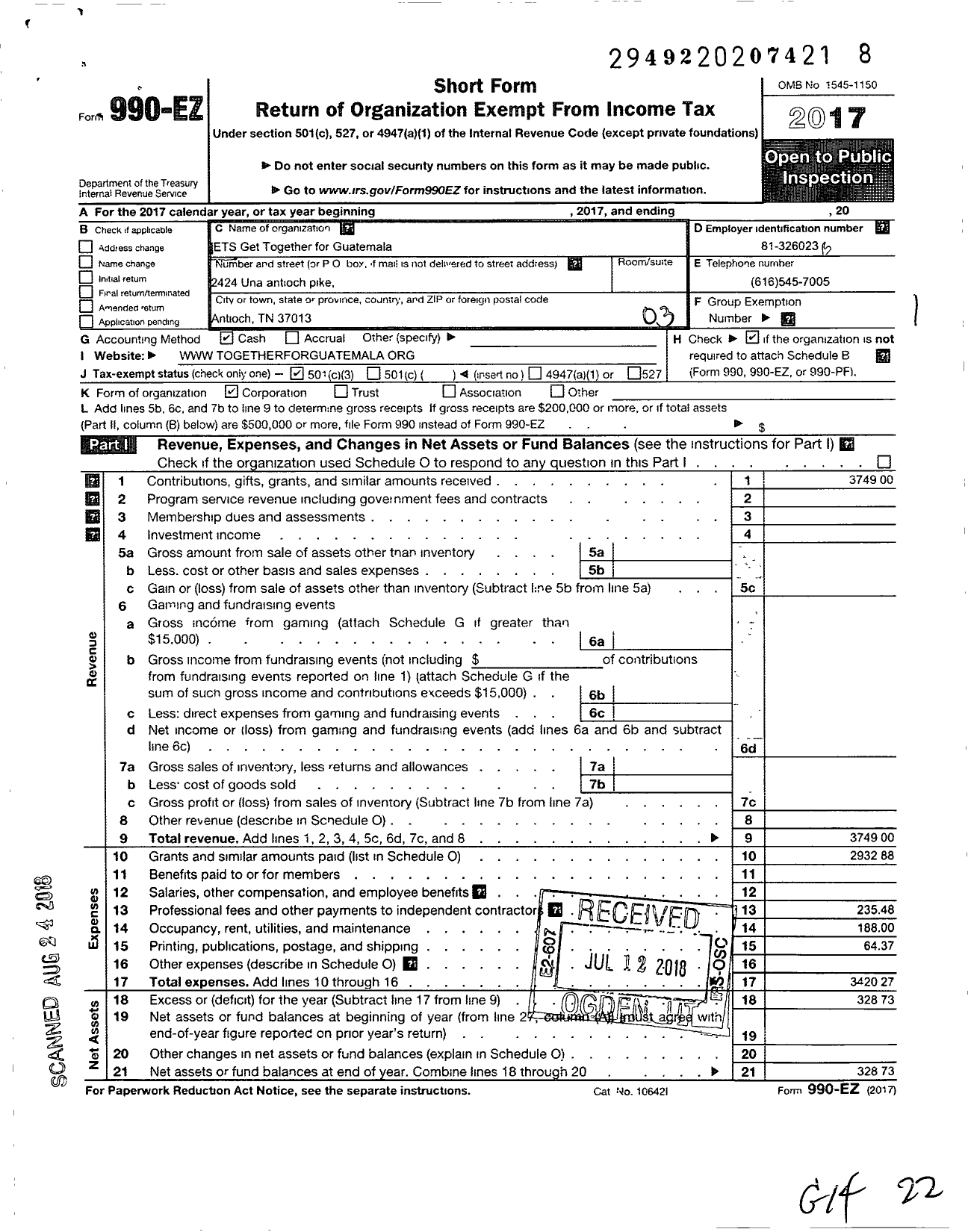 Image of first page of 2017 Form 990EZ for Lets Get Together for Guatemala