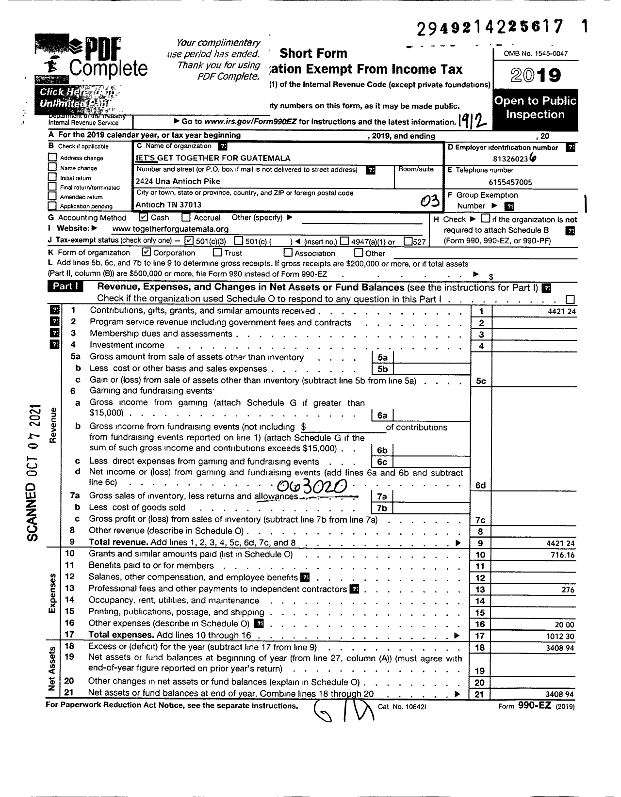 Image of first page of 2019 Form 990EZ for Lets Get Together for Guatemala