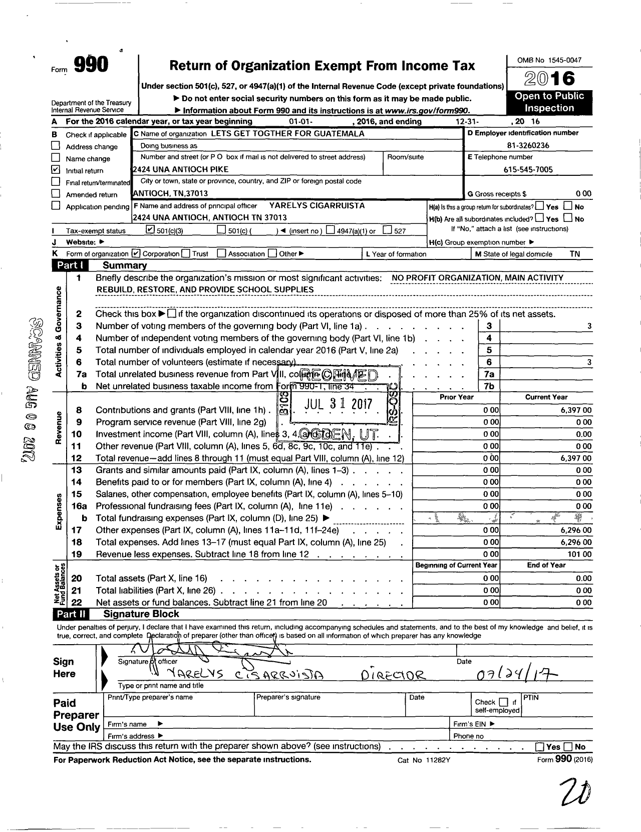 Image of first page of 2016 Form 990 for Lets Get Together for Guatemala