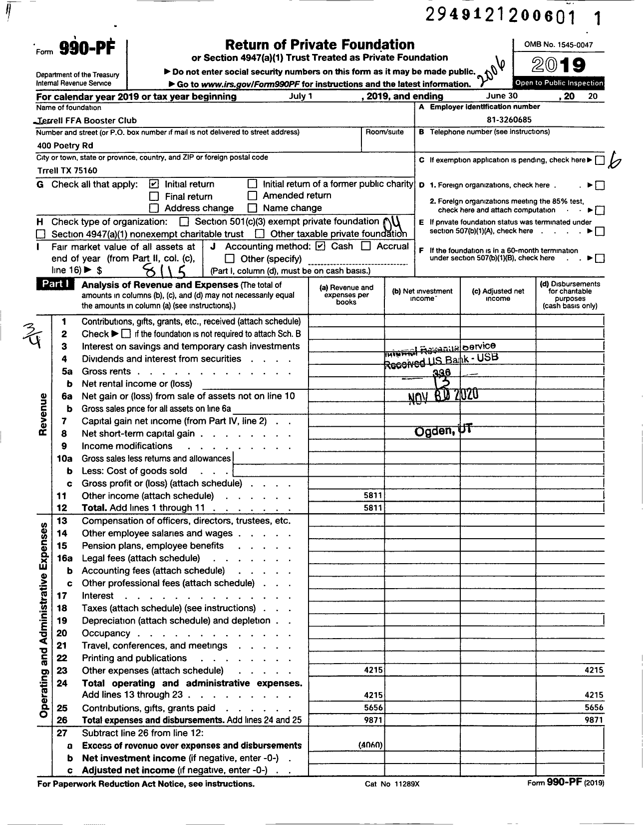 Image of first page of 2019 Form 990PF for Terrell Ffa Parent Organization