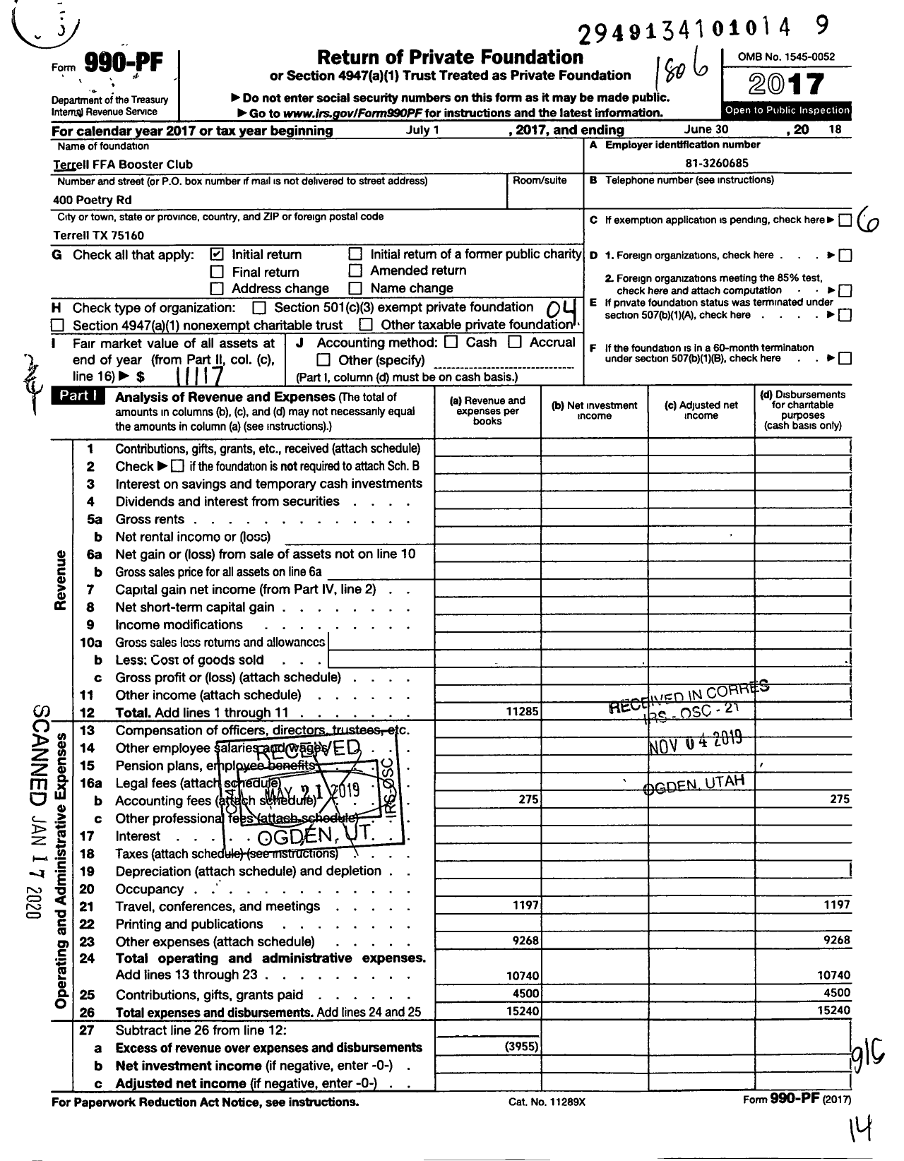 Image of first page of 2017 Form 990PF for Terrell Ffa Parent Organization