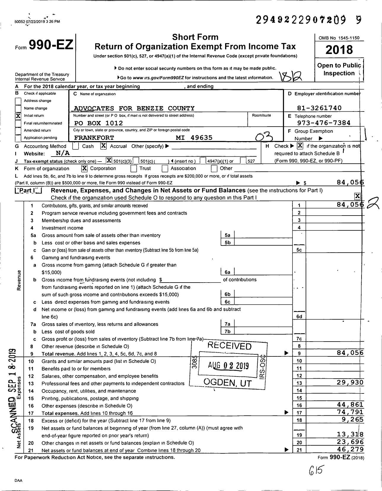 Image of first page of 2018 Form 990EZ for Advocates for Benzie County