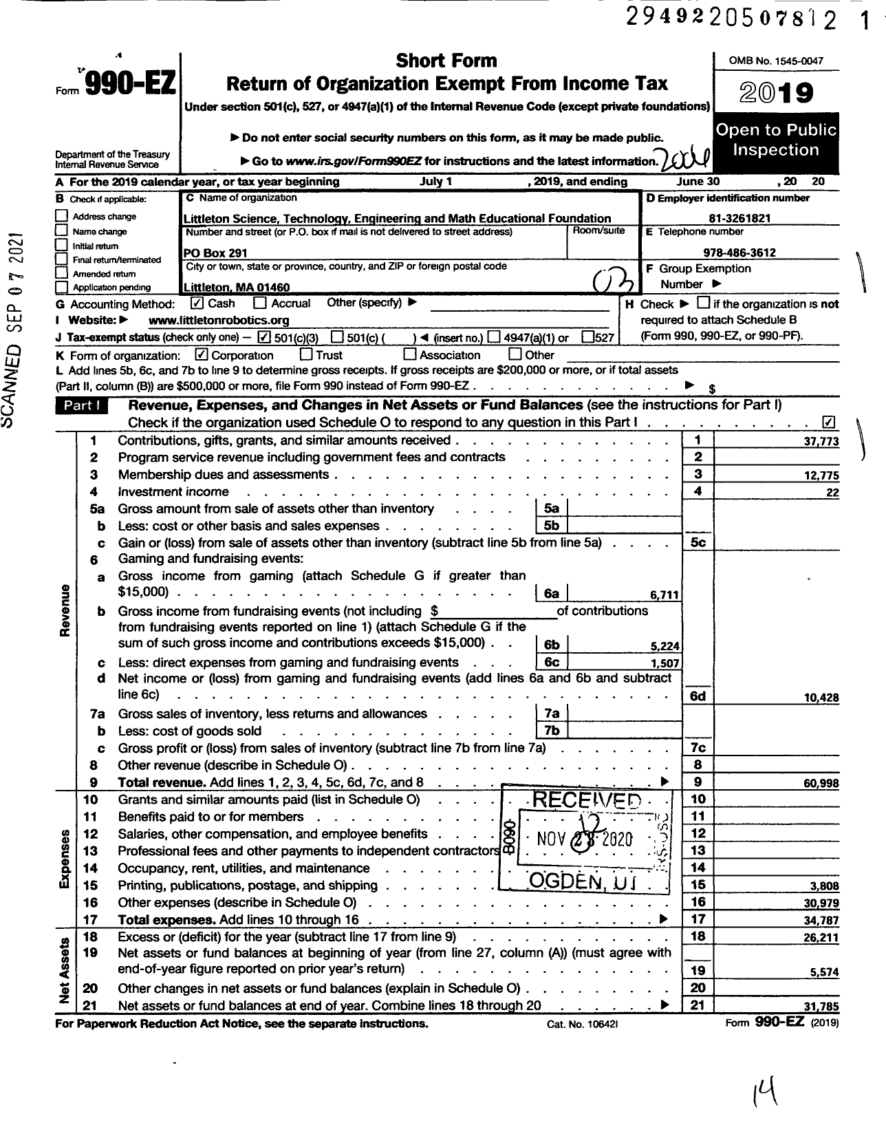 Image of first page of 2019 Form 990EZ for Littleton Science Technology Engineering and Mathematics Educat Ional Foundation