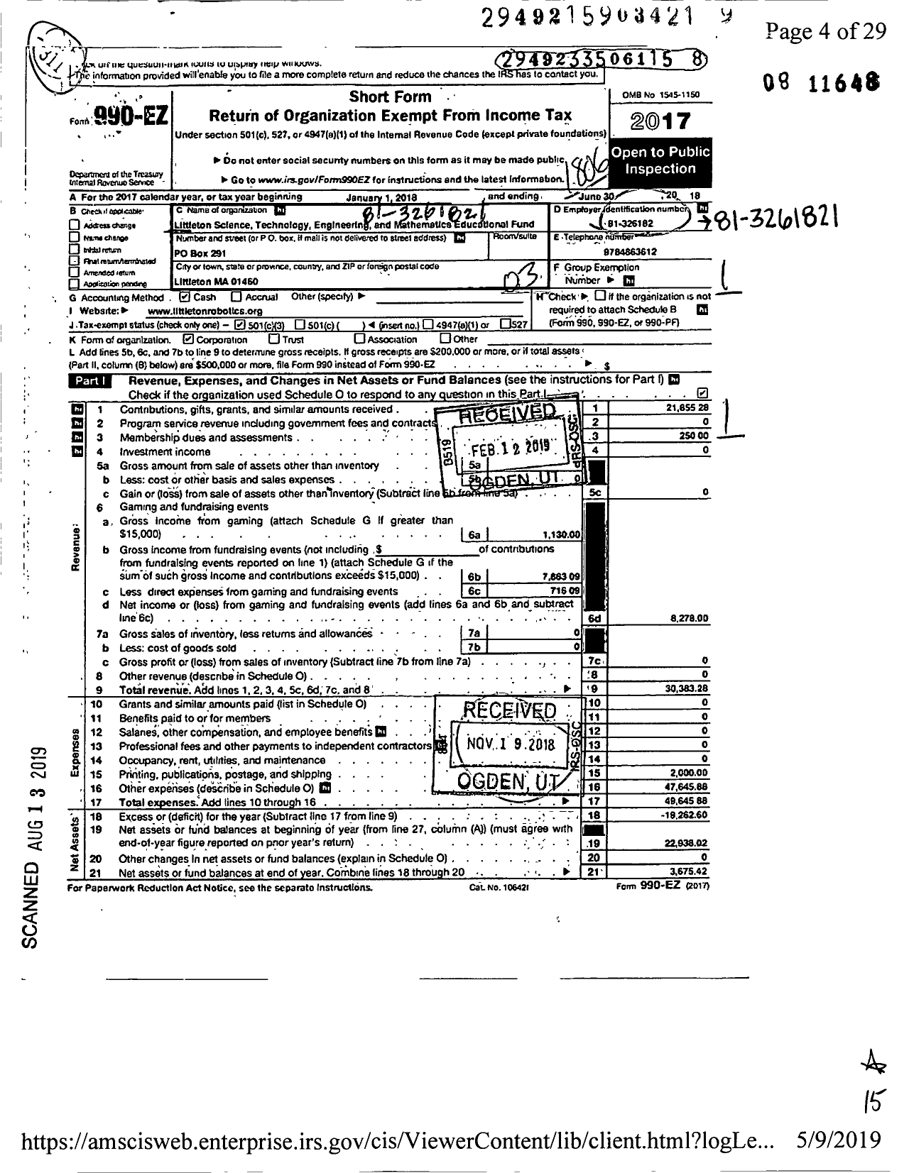 Image of first page of 2017 Form 990EZ for Littleton Science Technology Engineering and Mathematics Educat Ional Foundation