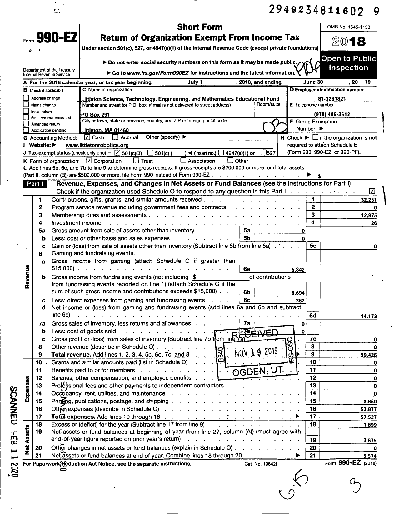 Image of first page of 2018 Form 990EZ for Littleton Science Technology Engineering and Mathematics Educat Ional Foundation